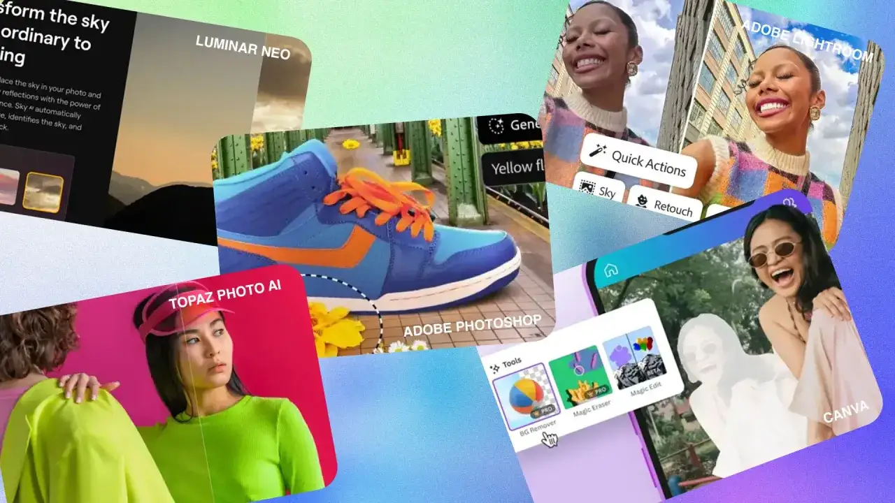 Aplikacja do wyostrzenia zdjęć, pokazująca różne narzędzia edycyjne, jak Luminar Neo, Adobe Photoshop, Lightroom, Topaz Photo AI i Canva.