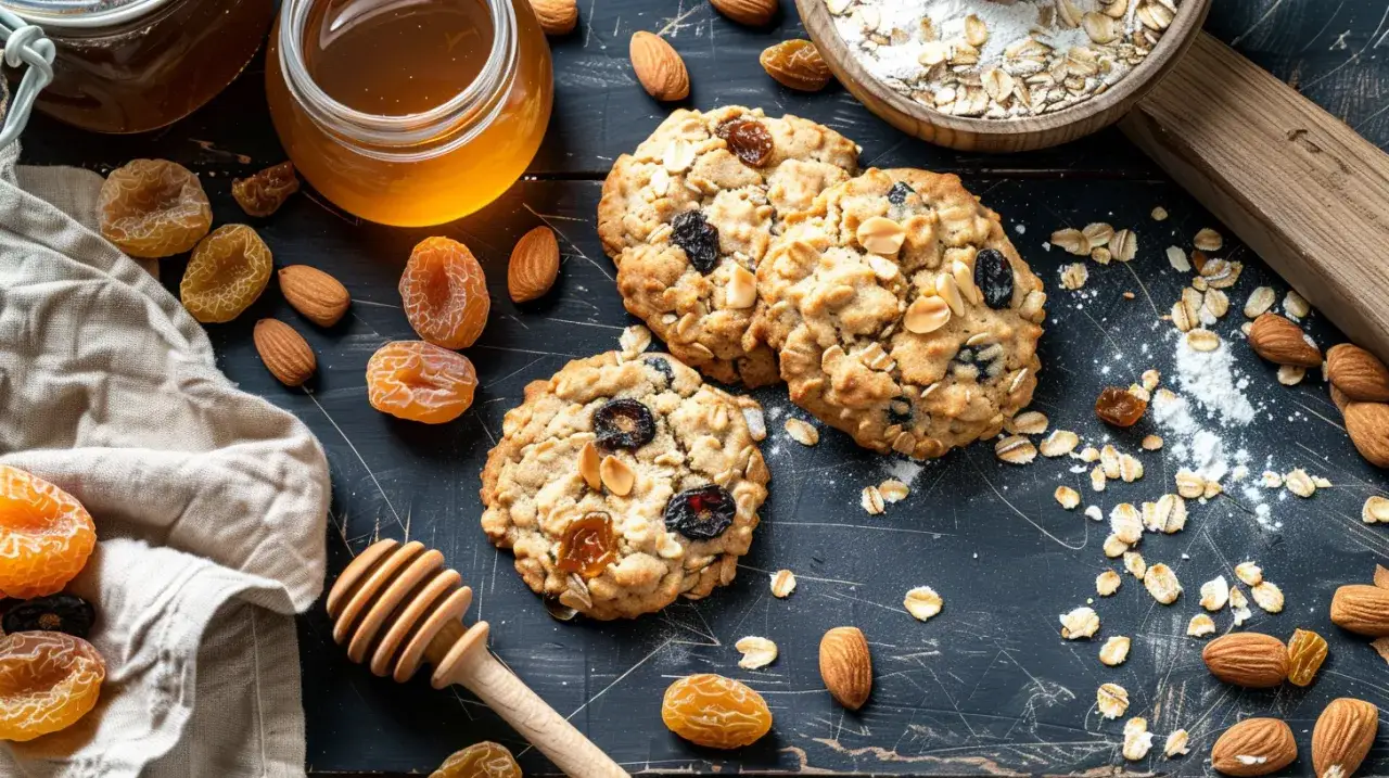 Ciastka z mąki owsianej, miodu, suszonych owoców i płatków migdałów