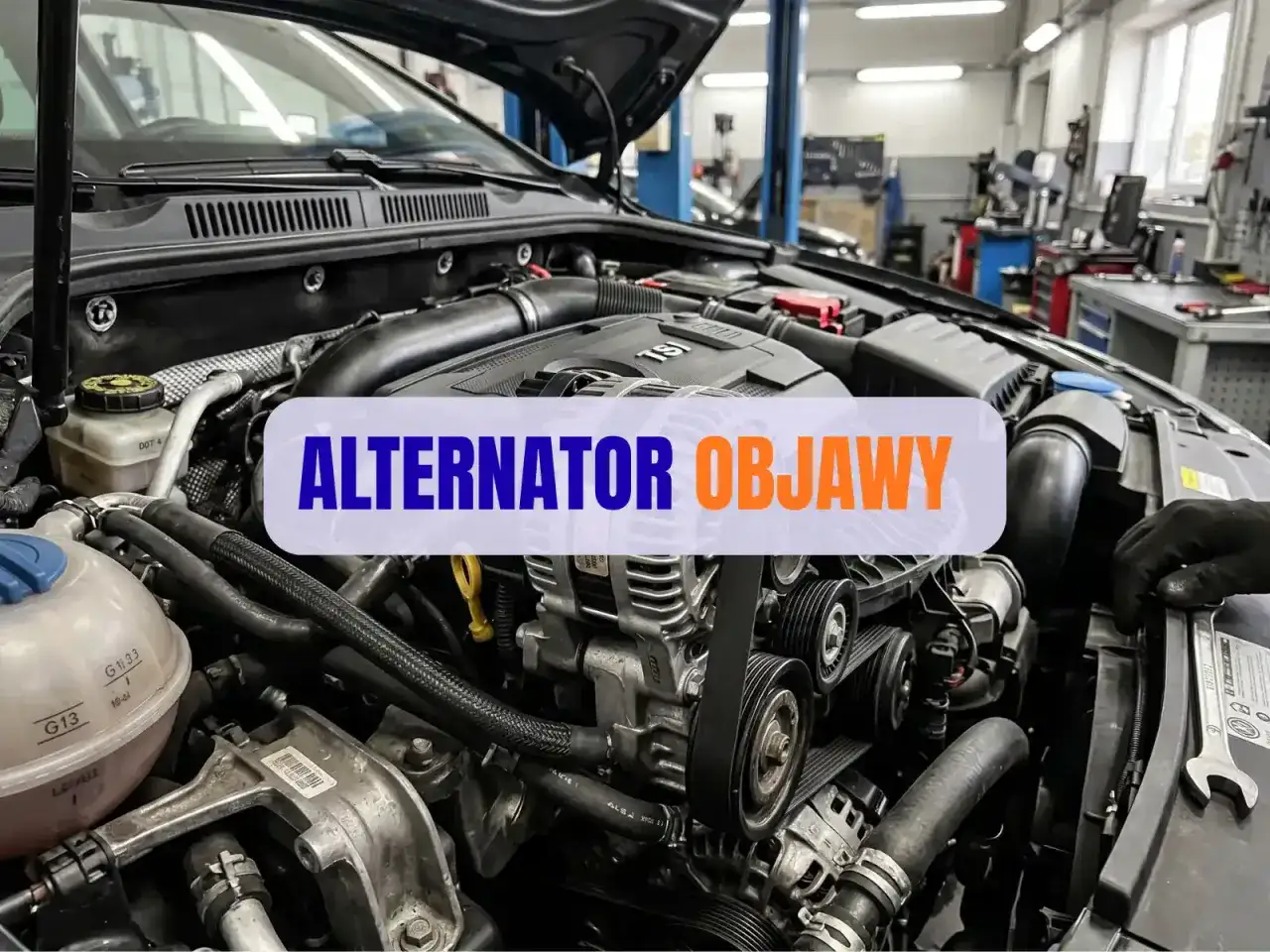 Silnik samochodu z widocznym alternatorem, który ładuje akumulator. Napis "ALTERNTOR OBJAWY" sugeruje problemy z ładowaniem.