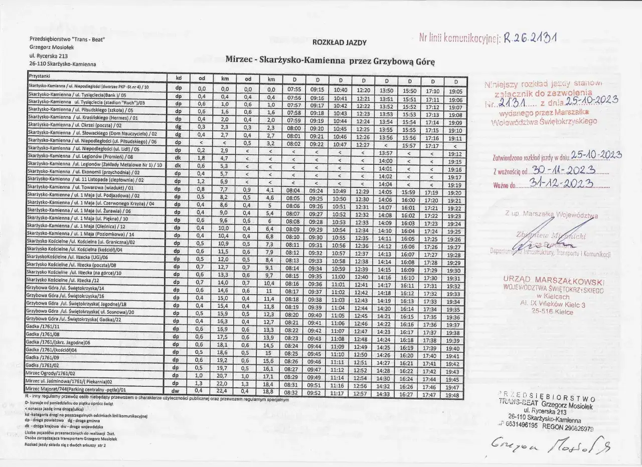 Rozkład jazdy autobusu z zaznaczonymi godzinami odjazdów i przyjazdów.