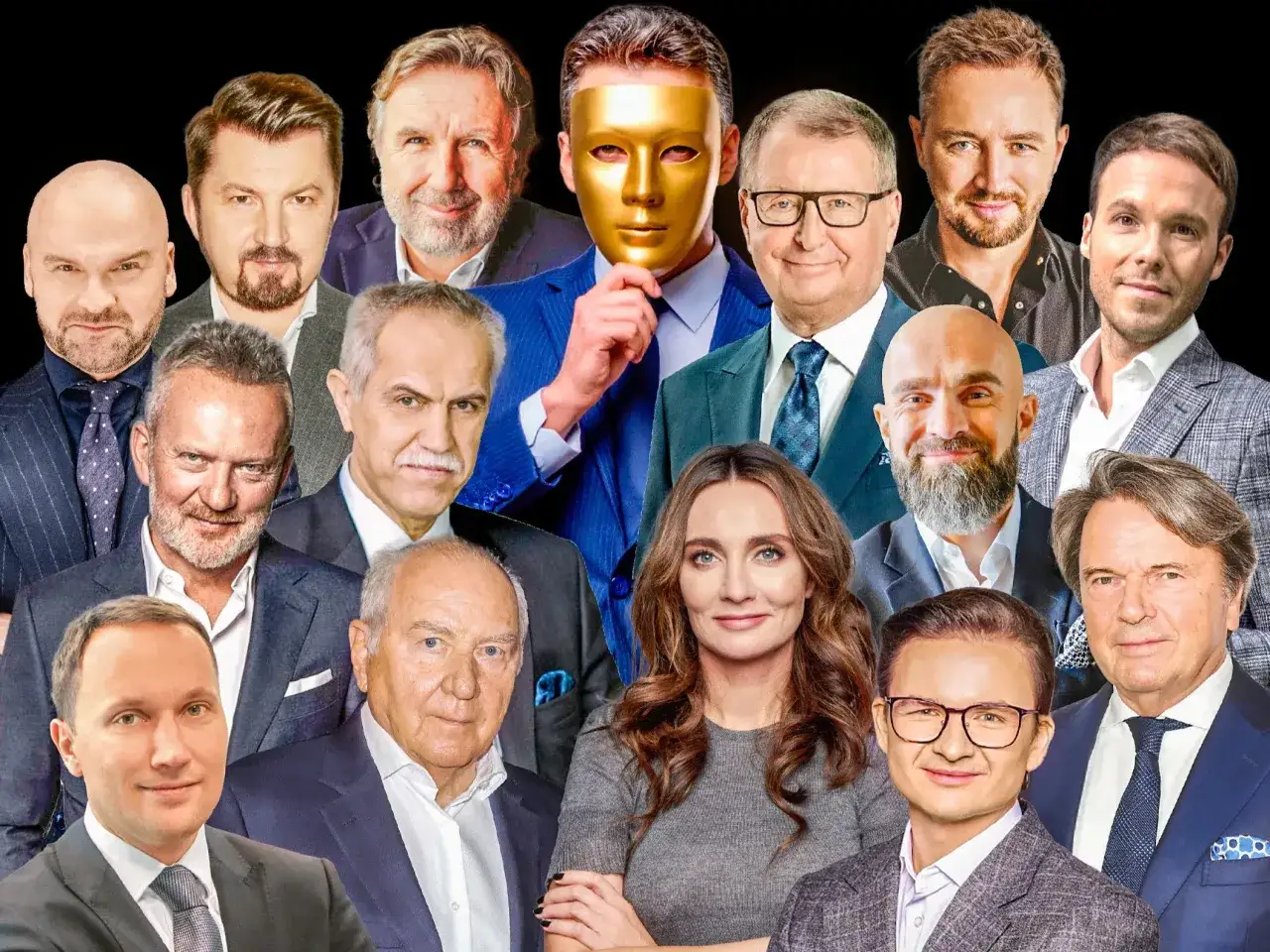 Portret zbiorowy znanych twarzy, wśród nich najbogatsi aktorzy w Polsce. Złota maska skrywa jedną z postaci.