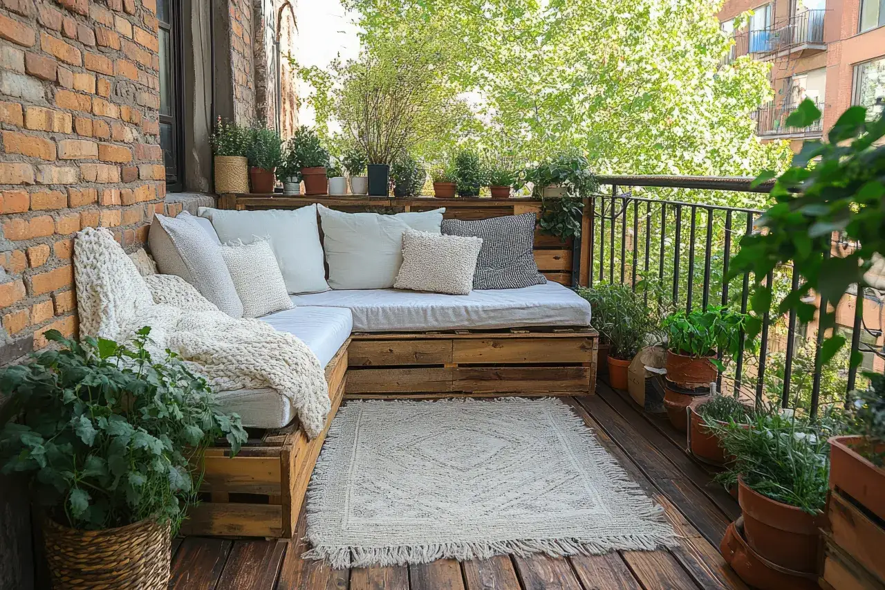 Przytulny balkon z sofą z palet, poduszkami, dywanem i roślinami.