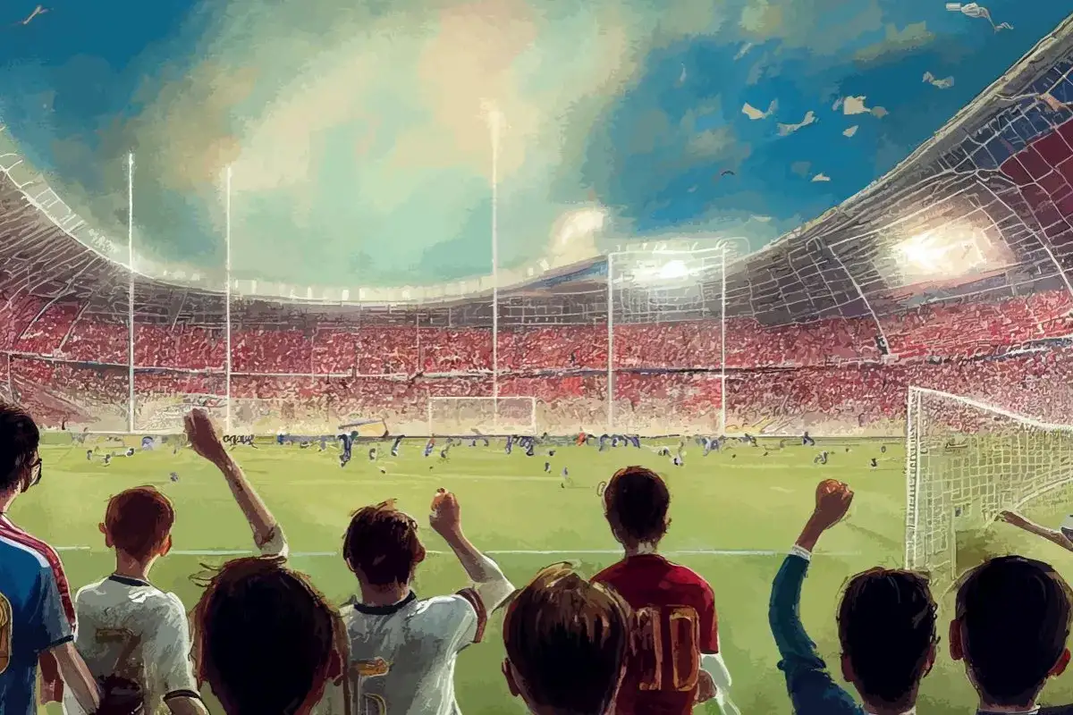 Widok z trybun stadionu piłkarskiego na mecz, z kibicami wznoszącymi ręce.