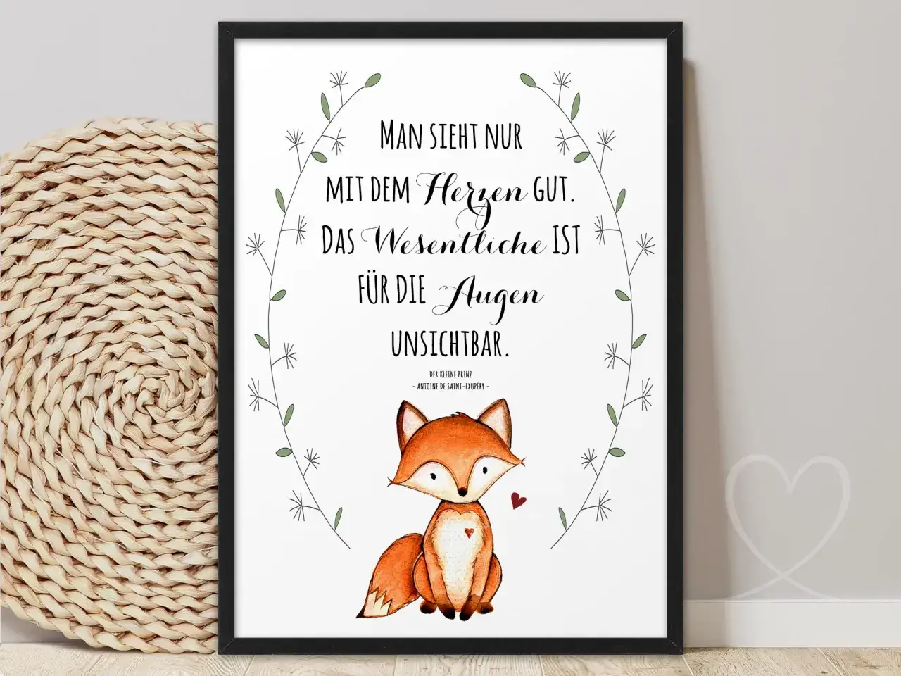 Gerahmtes Bild mit Fuchs und Zitat aus "Der kleine Prinz": "Man sieht nur mit dem Herzen gut.