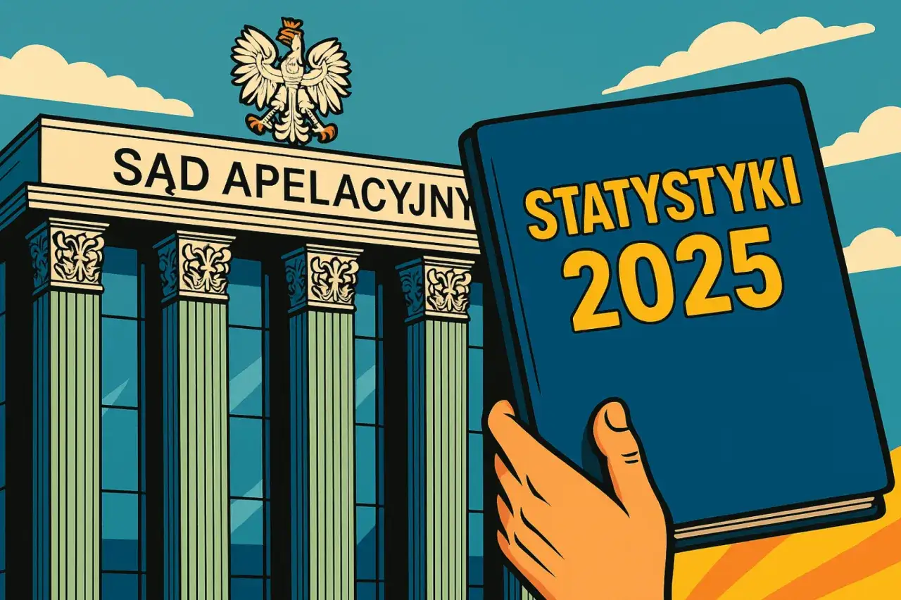 Budynek sądu apelacyjnego z orłem i ręka trzymająca książkę "Statystyki 2025".