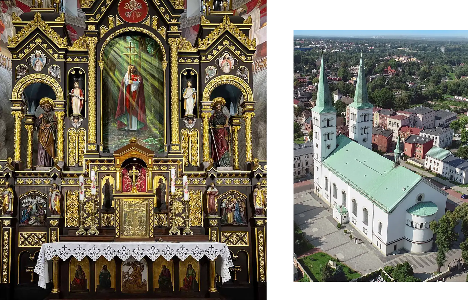 Wnętrze bazyliki w Mikołowie z ołtarzem i widokiem z lotu ptaka na kościół.
