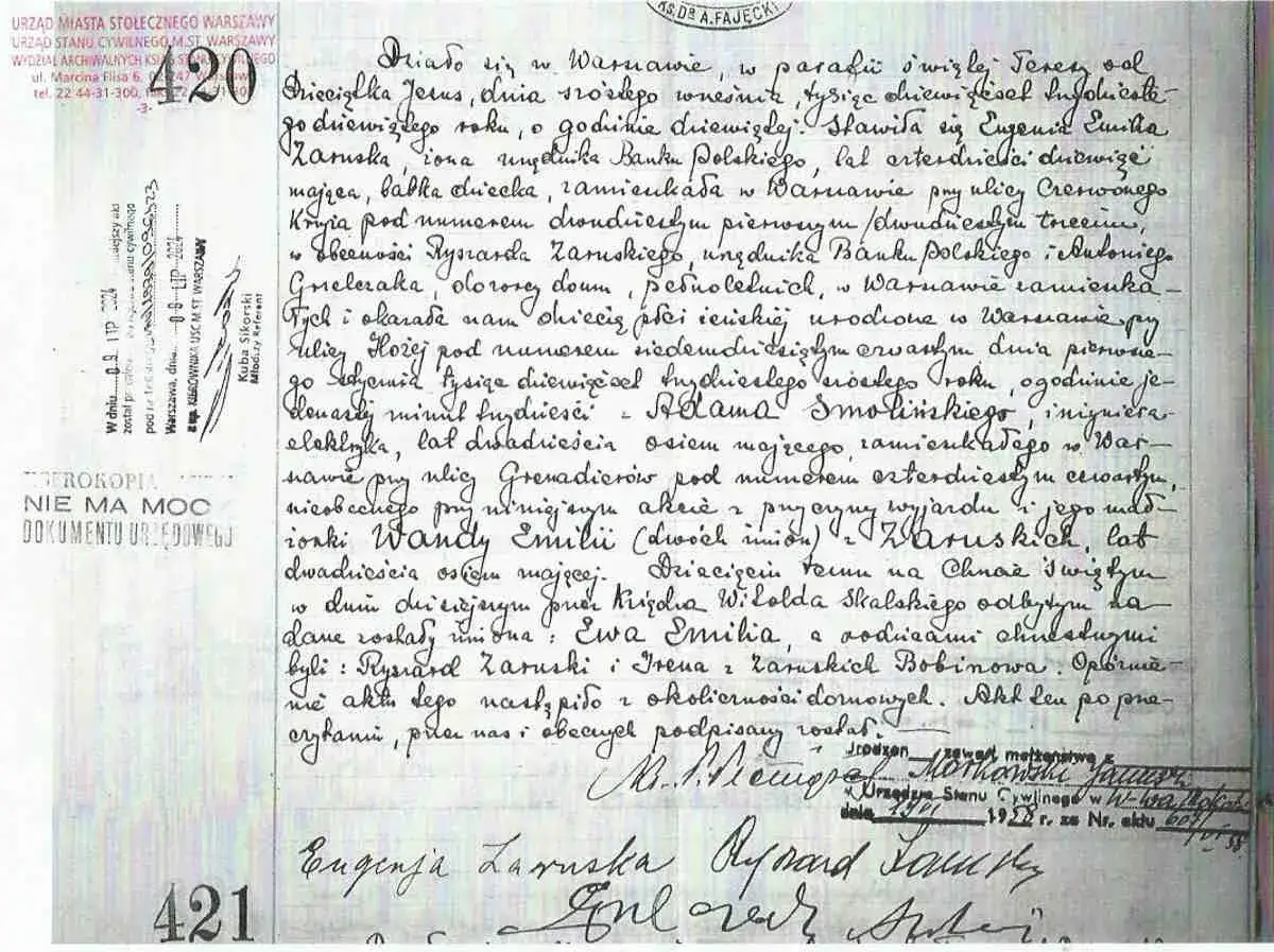 Fragment aktu urodzenia z pieczątką i numerem 420.