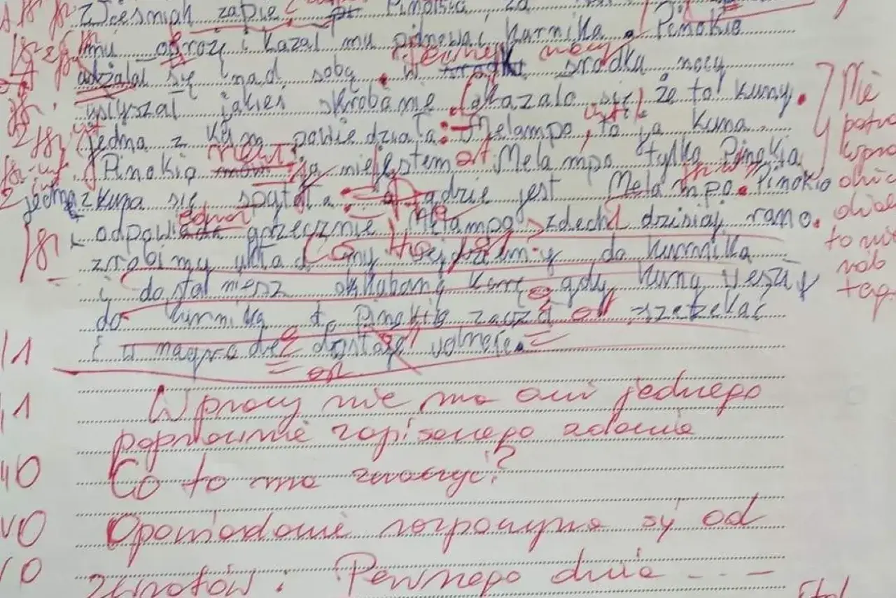 Przykłady pisma z dysgrafią: litery nierówne, pochylone, zniekształcone. Tekst opowiada o Pinokiu i jego przygodach.
