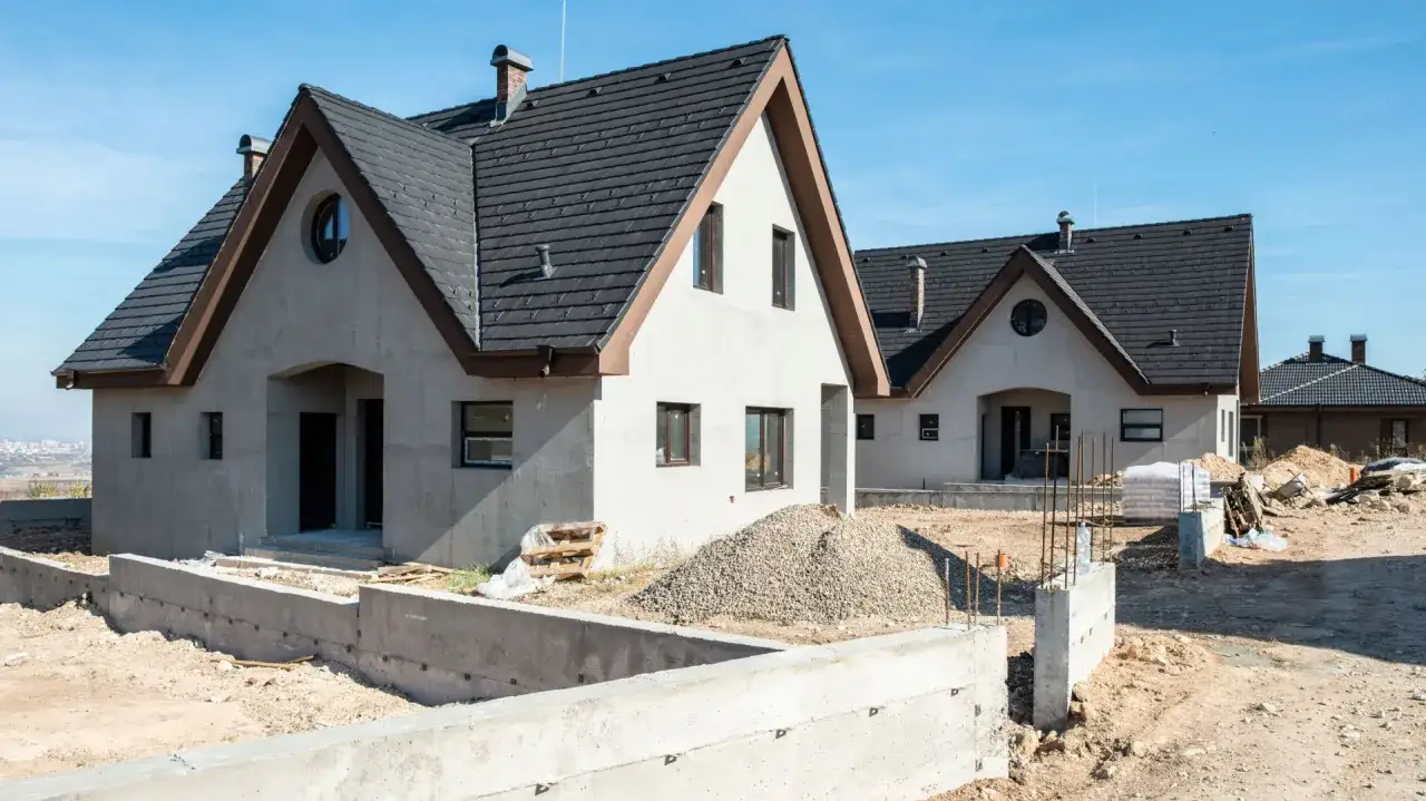 Budowa budynku gospodarczego w toku. Dwa domy z ciemnymi dachami i jasnymi ścianami, w otoczeniu placu budowy z betonowymi fundamentami i gruzem.