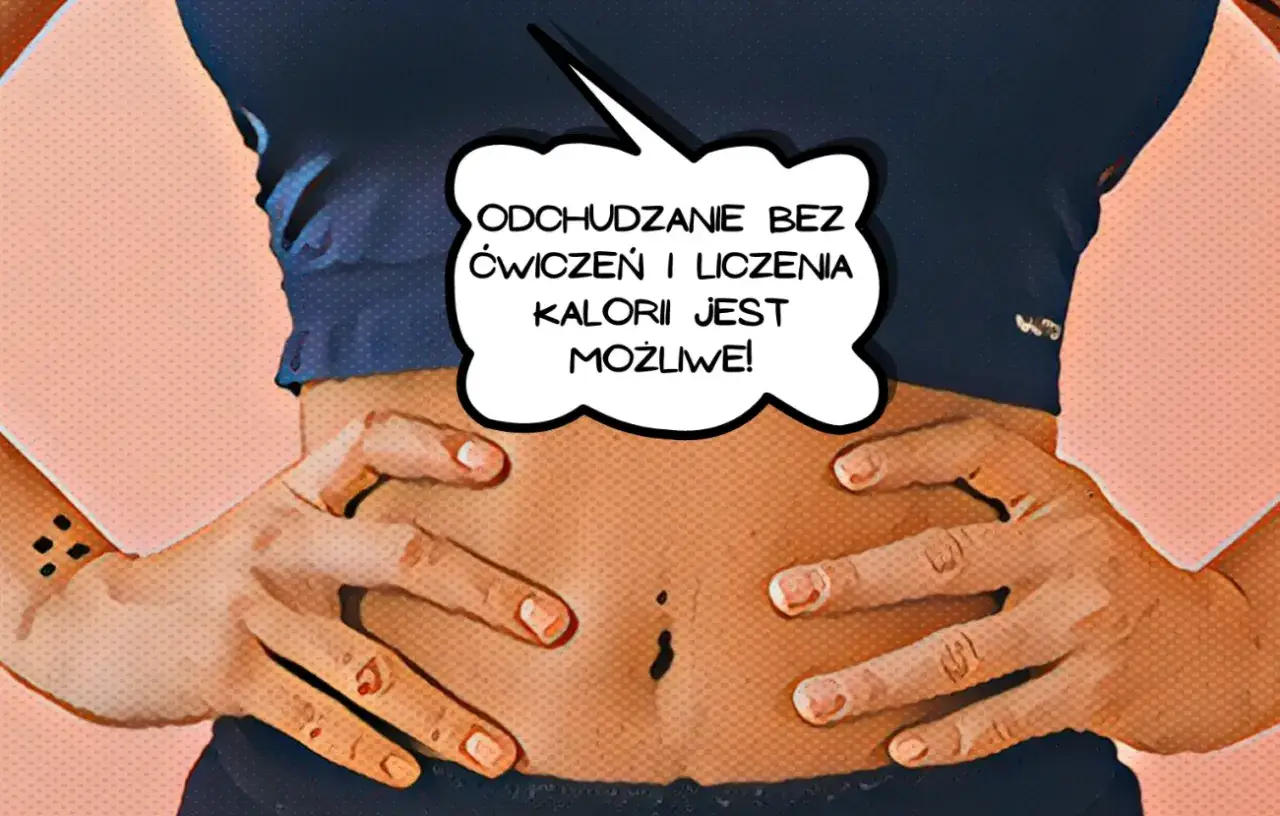 Osoba z tatuażem na ręce pokazuje brzuch. Dymek głosi: "Odchudzanie bez ćwiczeń i liczenia kalorii jest możliwe!".