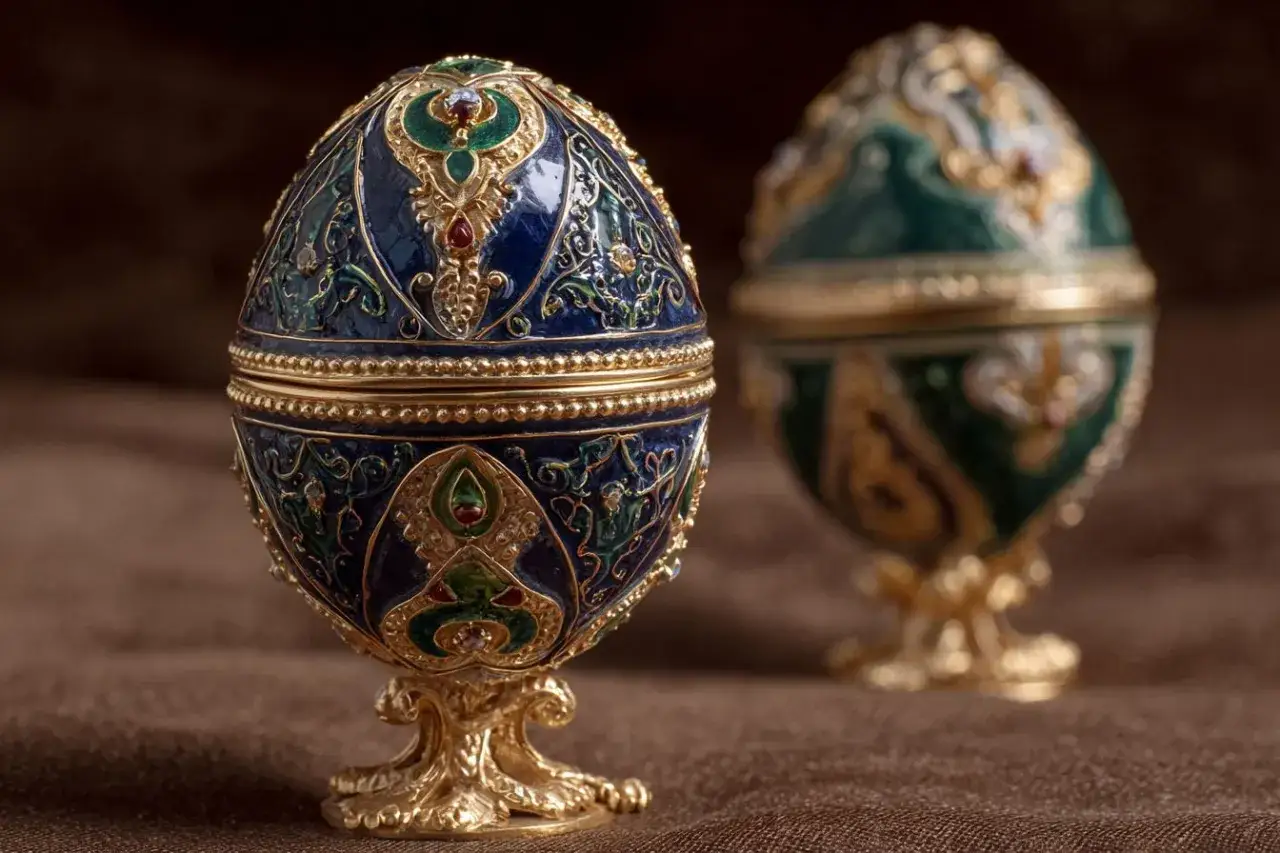 Dwa ozdobne jajka Fabergé, jedno niebieskie, drugie zielone, stoją na złotych podstawkach. Czy to zaginione jajka Fabergé?