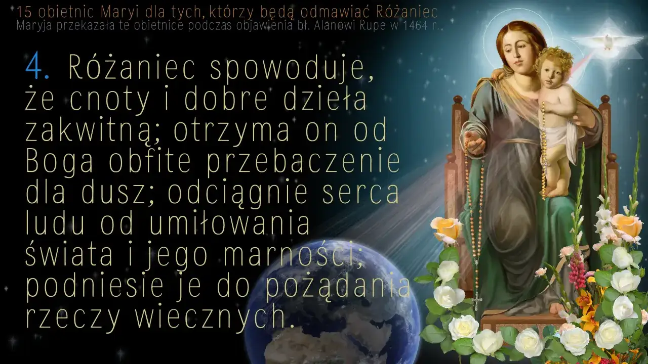 Obraz Matki Boskiej z Dzieciątkiem i różańcem, z tekstem o różańcu i Ziemią w tle.