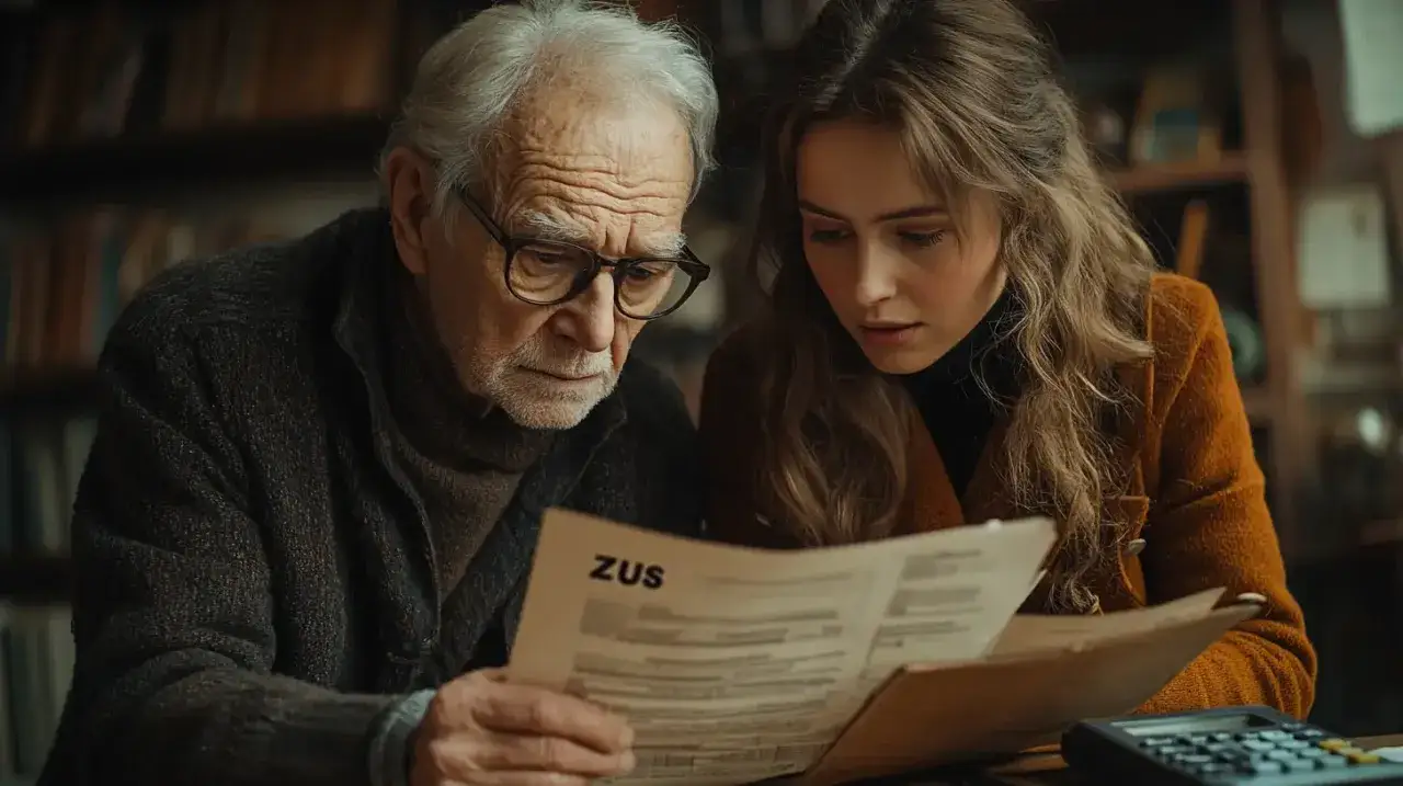 Starszy mężczyzna i młoda kobieta analizują dokument ZUS, zastanawiając się, czy umowa zlecenie wlicza się do emerytury.