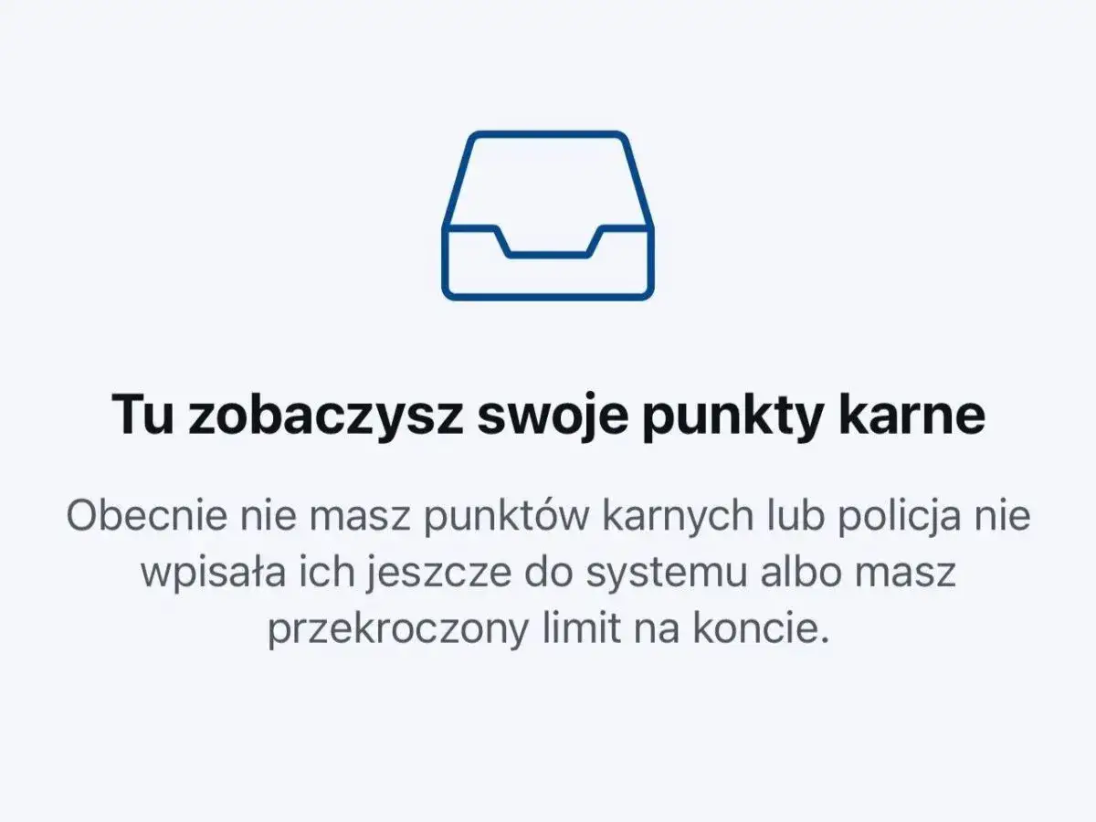 Ikona folderu i tekst: "Tu zobaczysz swoje punkty karne". Informacja, że nie masz punktów lub policja ich jeszcze nie wpisała. Dowiedz się, po jakim czasie kasują się punkty karne.
