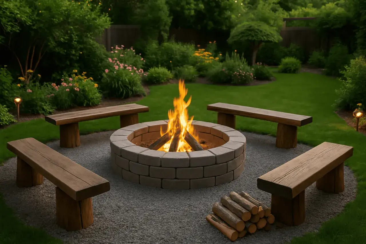 Ognisko w kamiennym kręgu z drewnianymi ławami w ogrodzie.