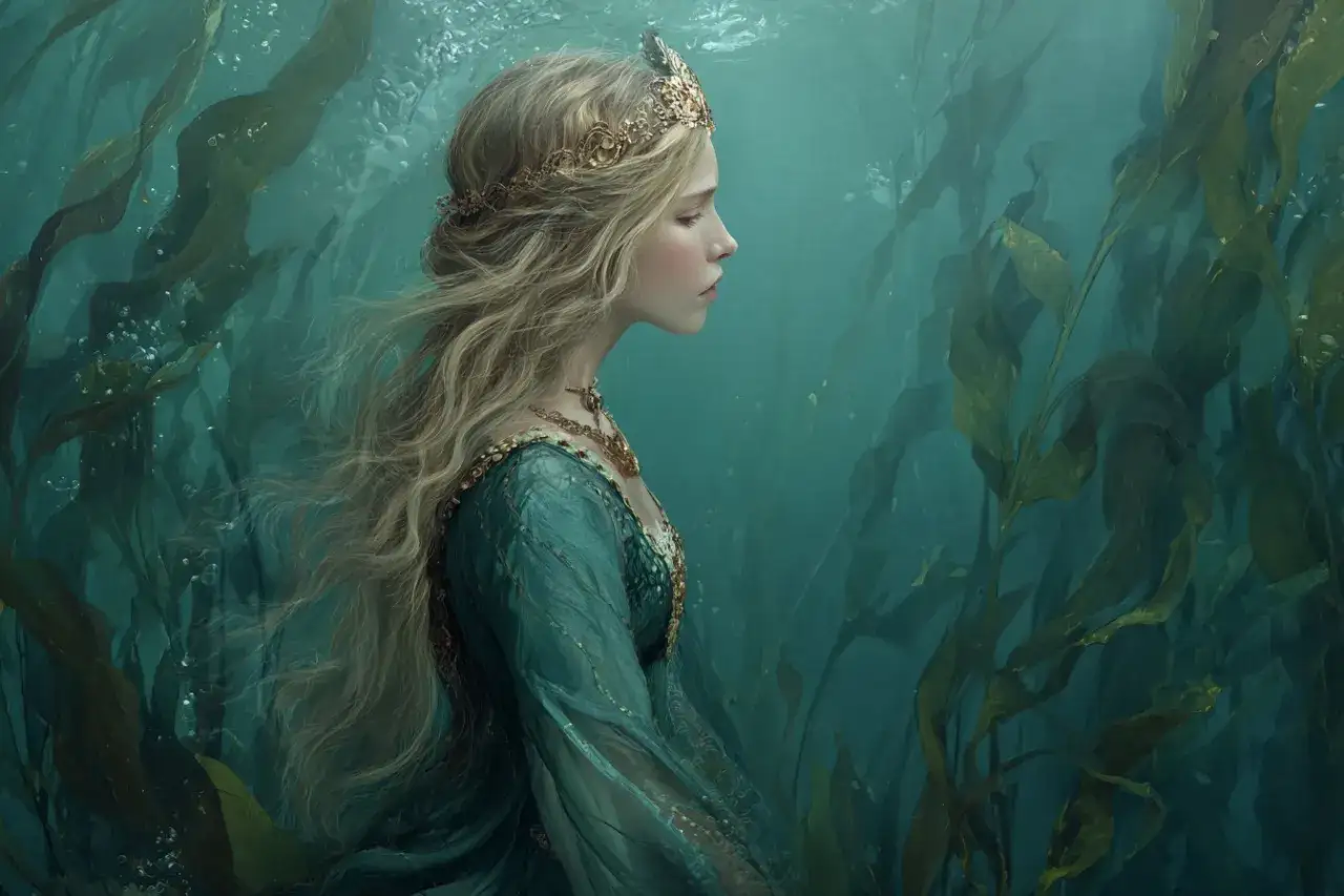 Królowa Jurata w złotej koronie i turkusowej sukni, otoczona wodorostami pod wodą.