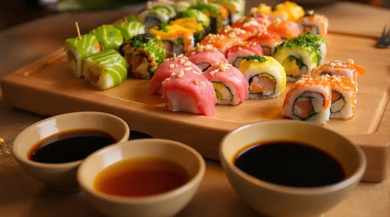 Kolorowe rolki sushi na desce, gotowe do zanurzenia w aromatycznych sosach.