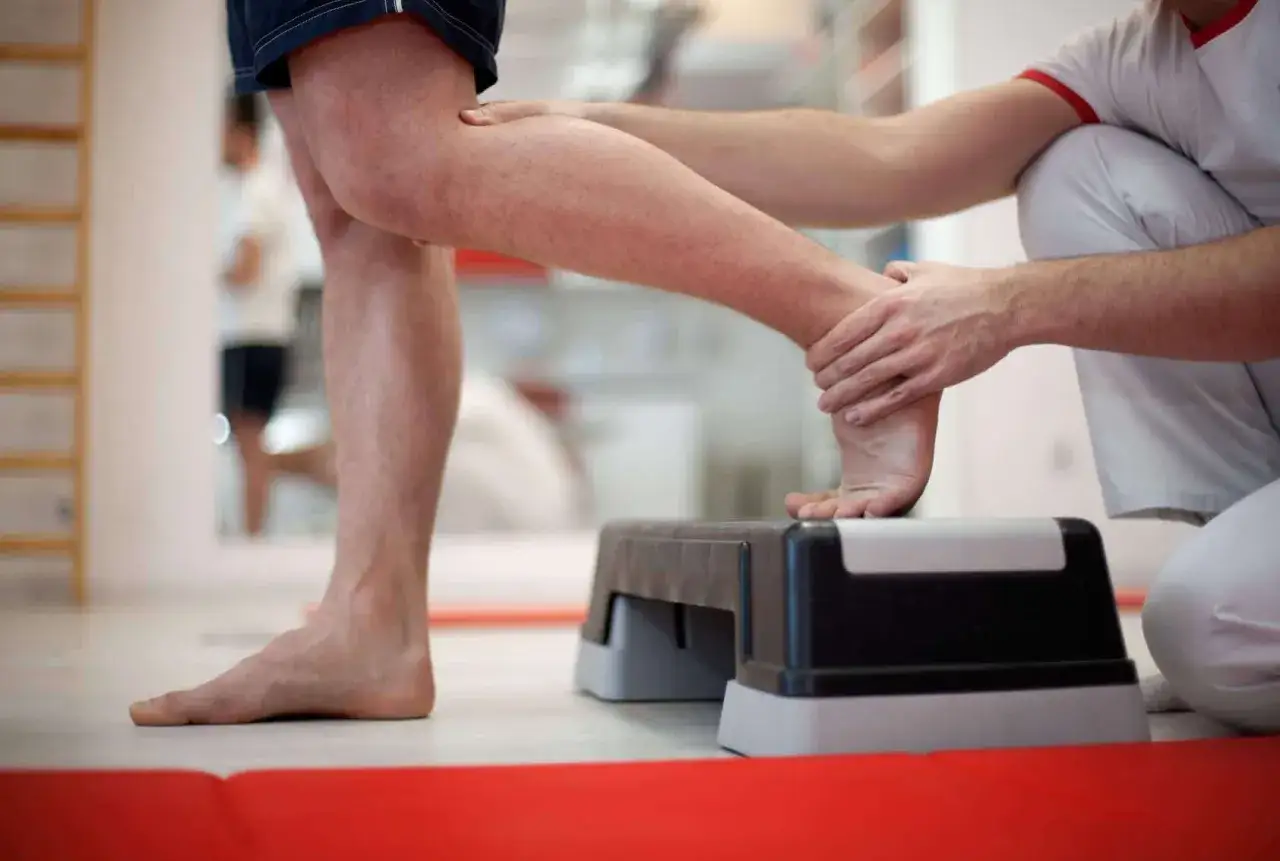 Fizjoterapeuta bada stopę pacjenta stojącego na stopniu.