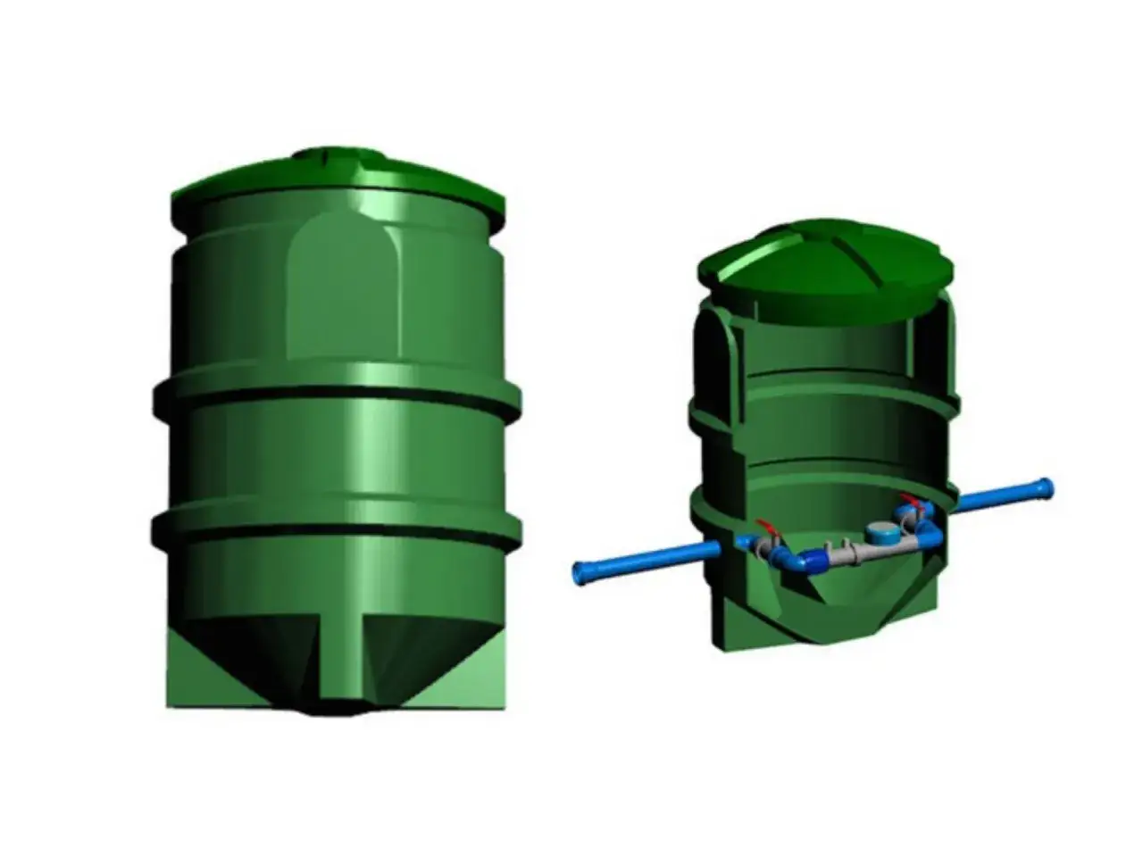 Dwie zielone studzienki wodomierzowe na działce, jedna z widocznym przyłączem hydraulicznym.