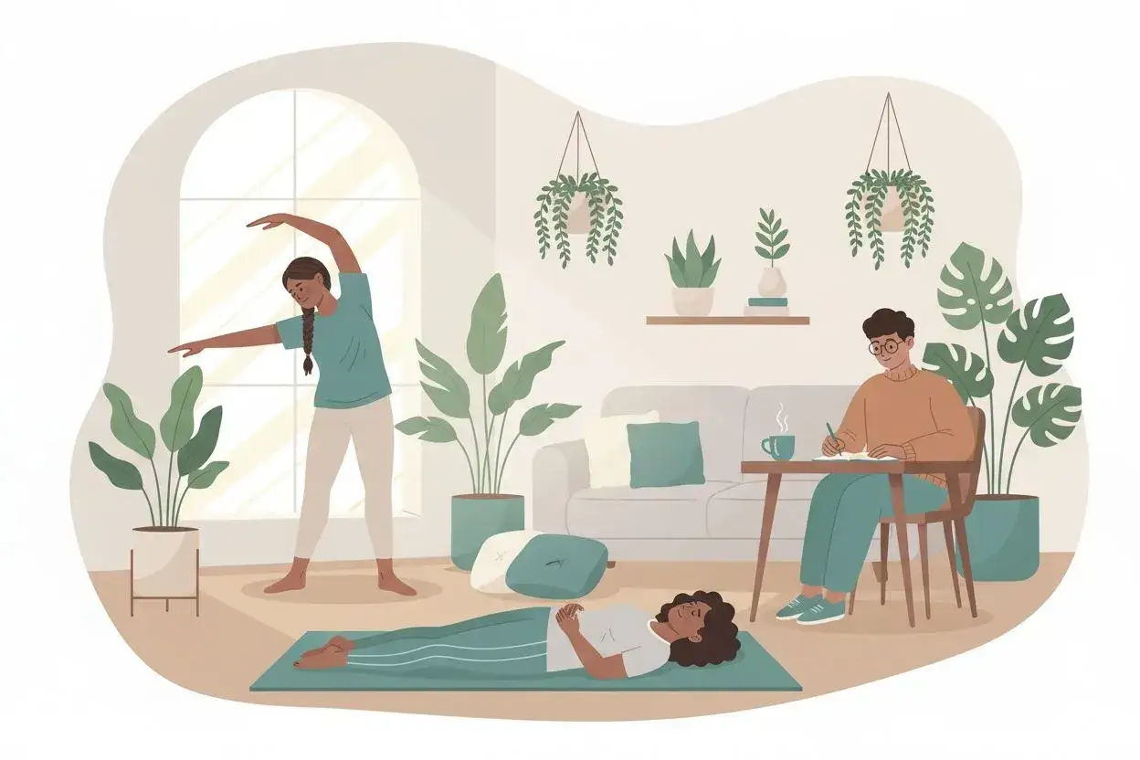 Ilustracja przedstawia ludzi ćwiczących i piszących w przytulnym salonie z roślinami.