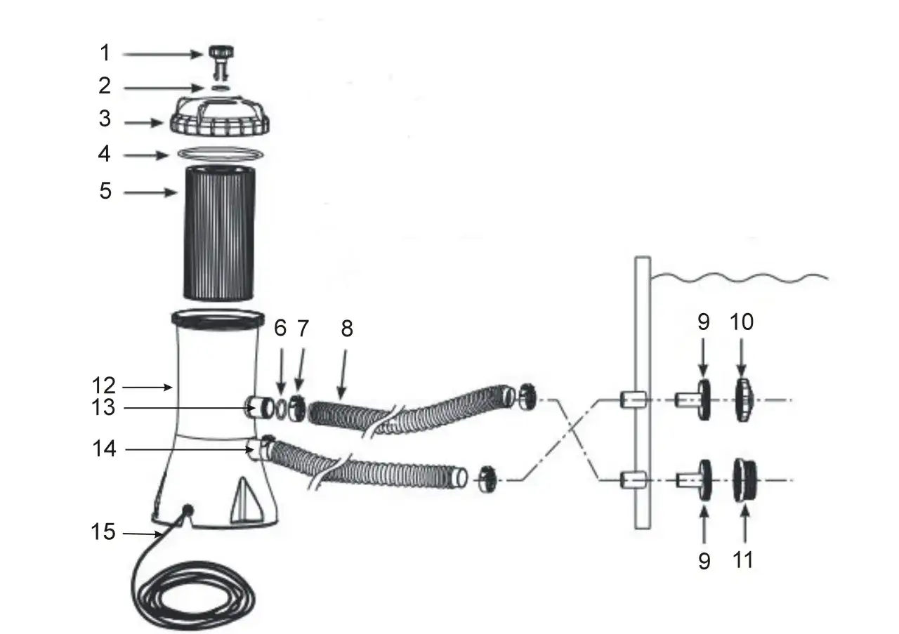 Schemat pompy basenowej Bestway z częściami i wężami.