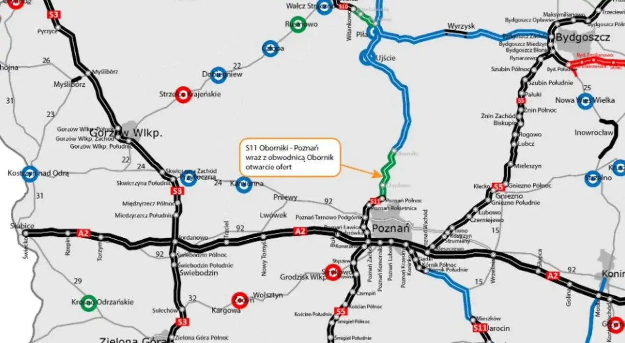 Mapa drogowa z zaznaczonym odcinkiem S11 Oborniki-Poznań, który jest częścią systemu odcinkowego pomiaru prędkości S11.