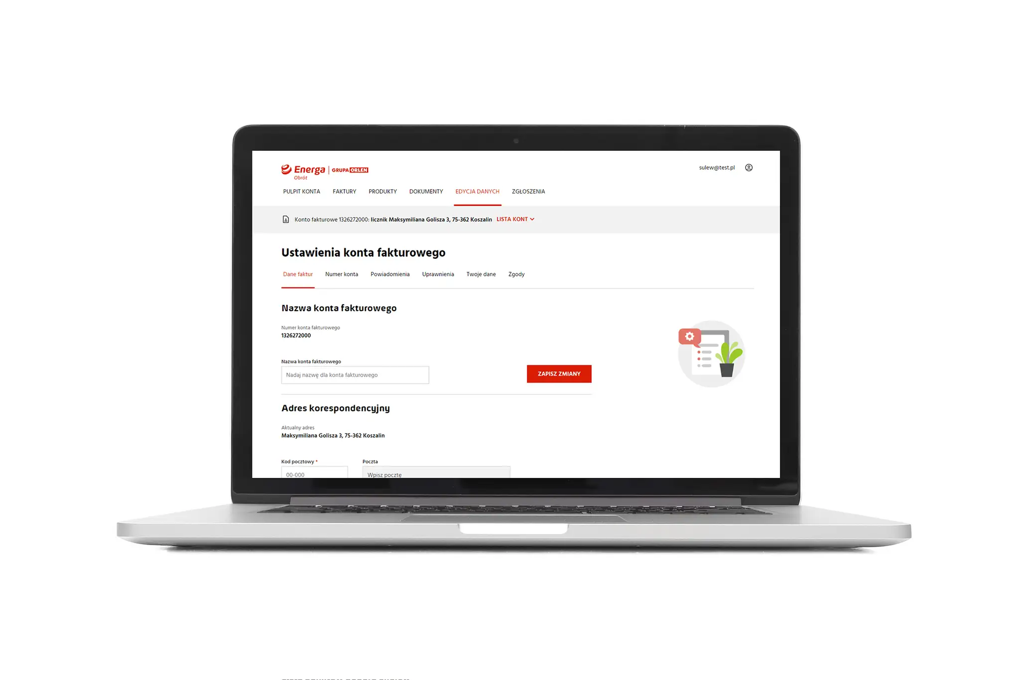 Laptop z otwartym interfejsem ustawień konta fakturowego Energa, widoczne pola do edycji nazwy i adresu.