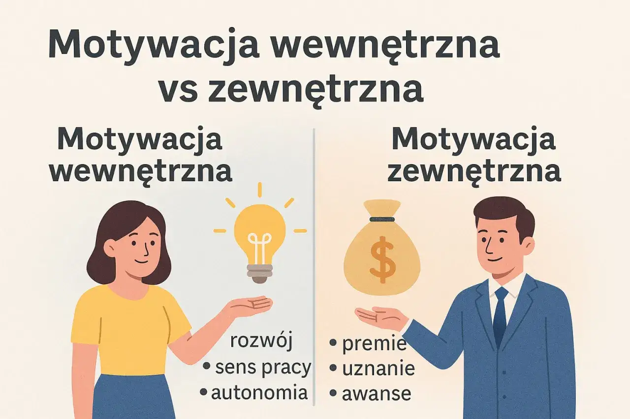 Ilustracja porównuje motywację wewnętrzną (kobieta, żarówka, rozwój, sens pracy, autonomia) z zewnętrzną (mężczyzna, worek pieniędzy, premie, uznanie, awanse). Przykłady jak motywować pracowników.