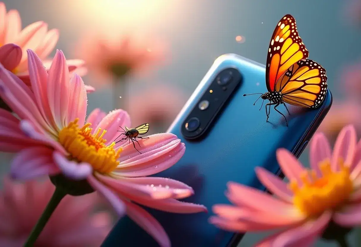 Niesamowite zdjecia makro: motyl i owad na kwiatach obok telefonu.