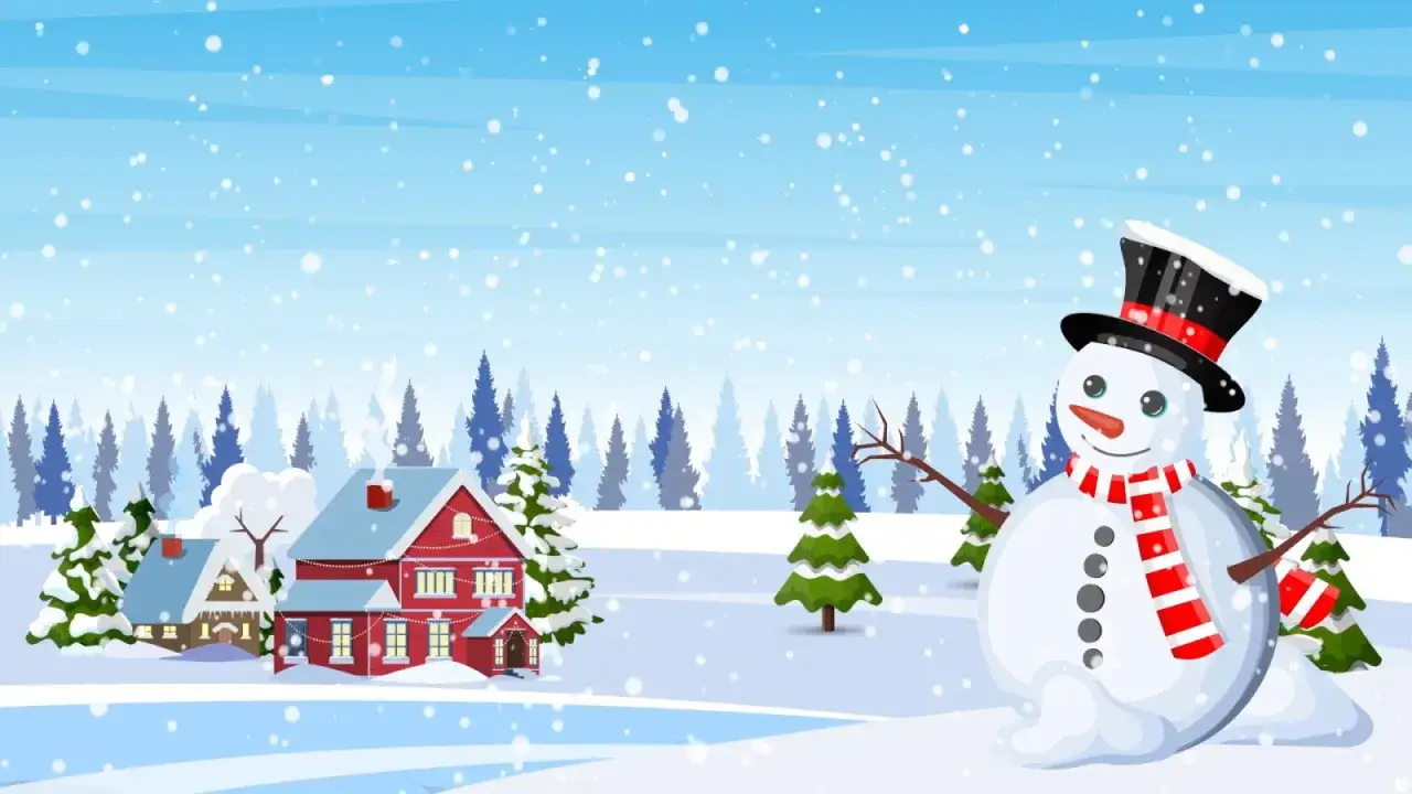Schneemann mit Zylinder und Schal vor verschneiter Winterlandschaft mit Häusern und Tannenbäumen.