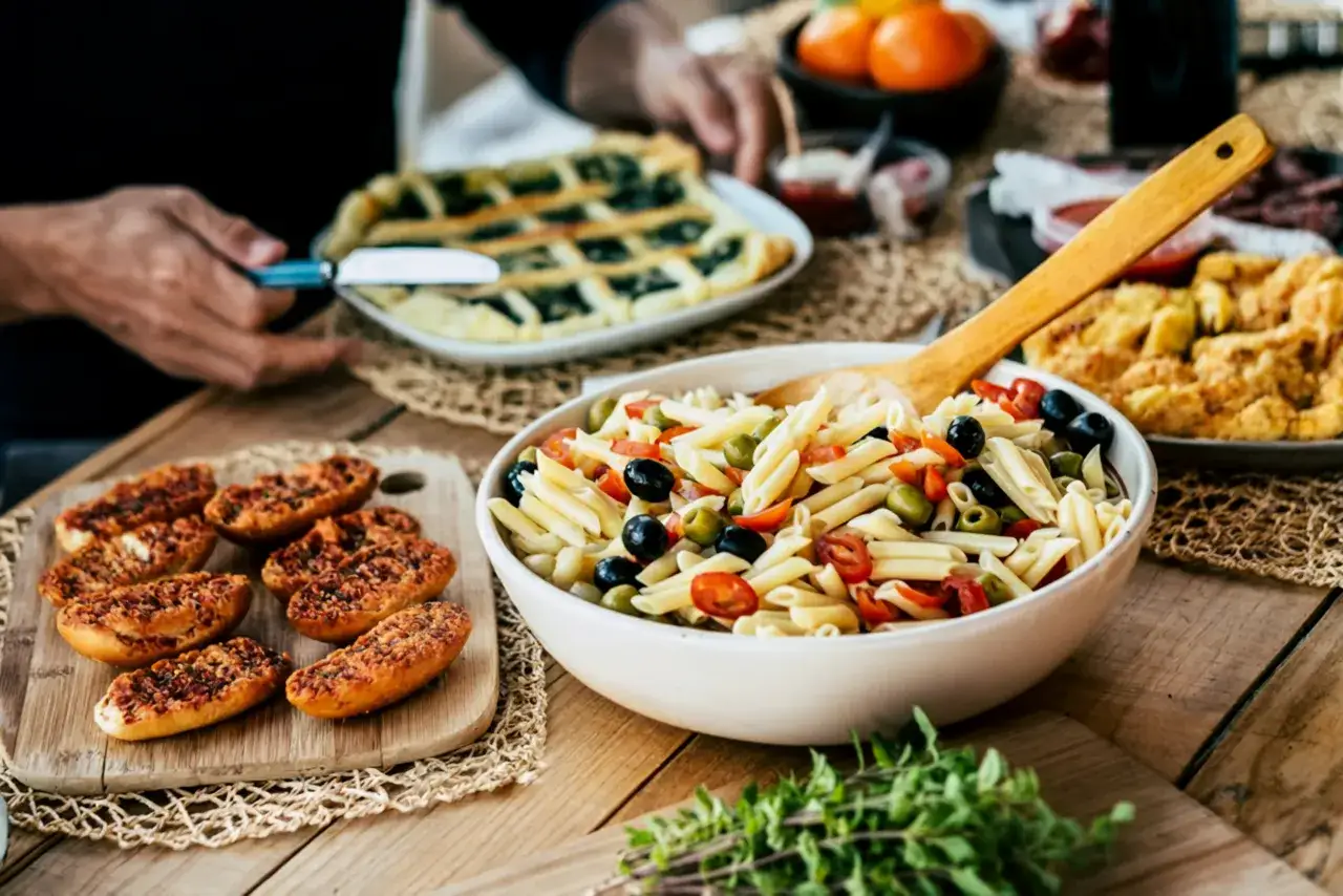 Pyszna sałatka makaronowa z oliwkami i pomidorkami, obok pieczywo i świeże oregano. Idealne na letni obiad, pokazujące co zrobić z oregano.