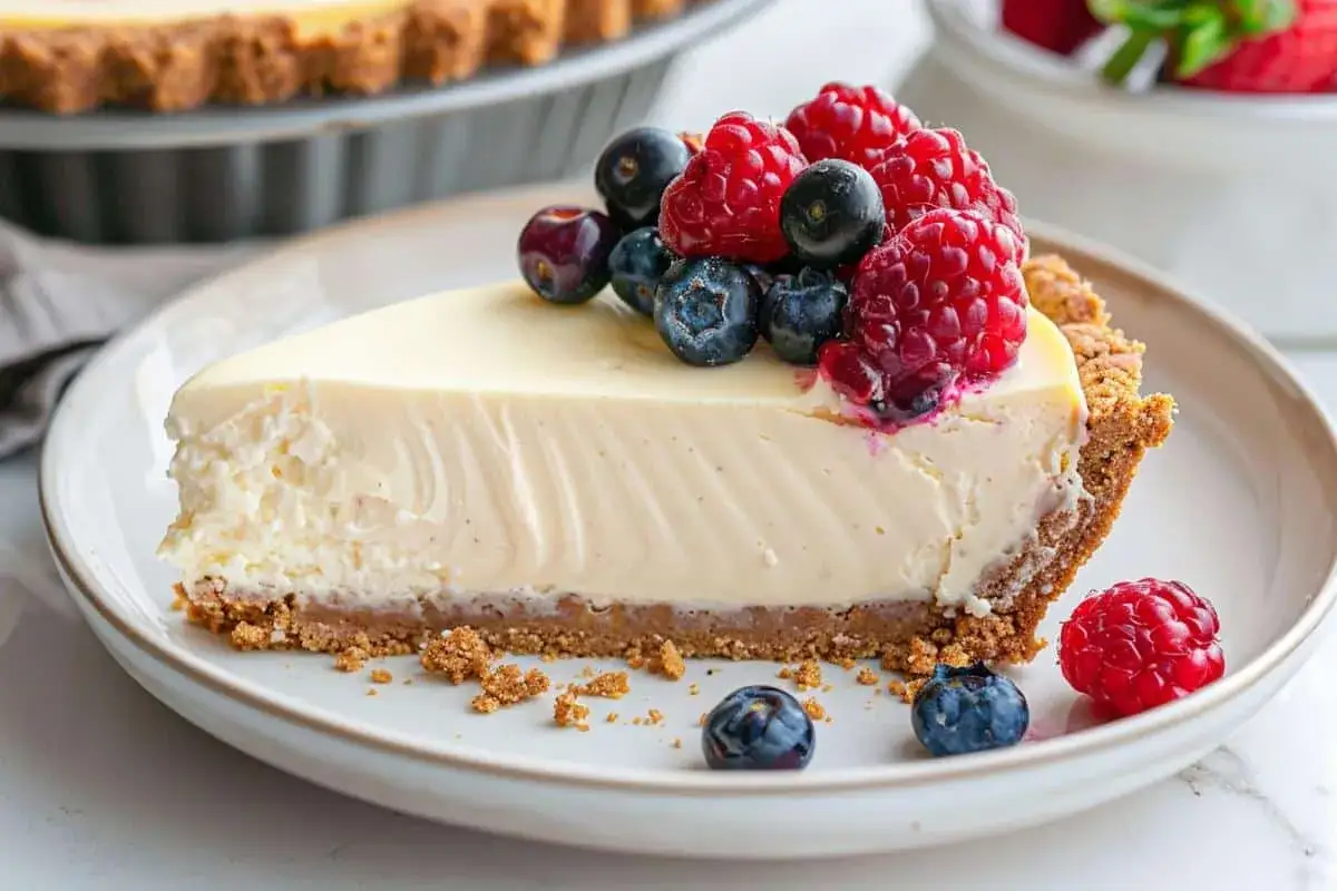 Tranche de cheesecake sans cuisson garnie de fruits rouges frais.