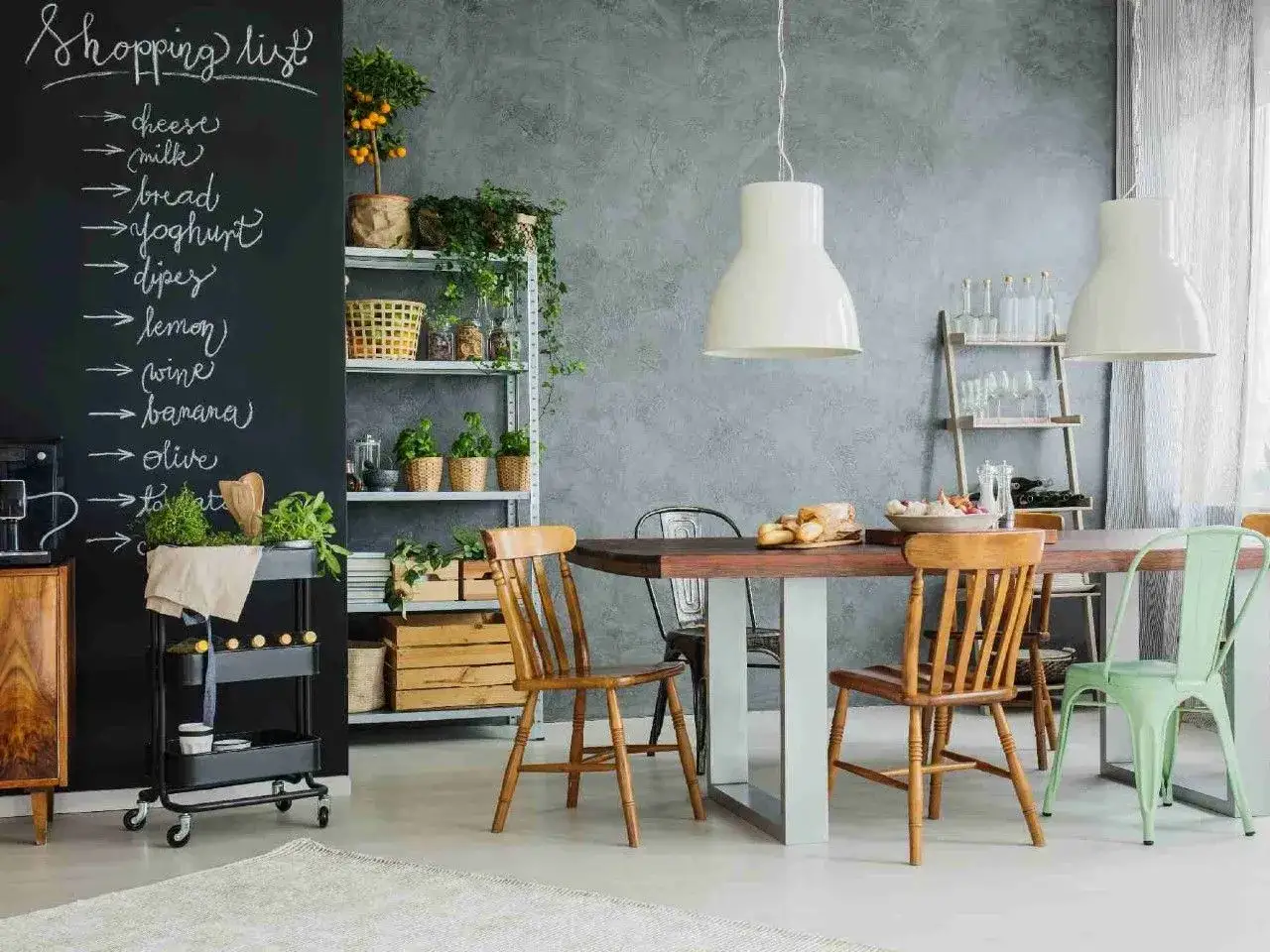 Tablica z listą zakupów nad stołem i krzesłami w kuchni. Widać na niej napisy kredą: "cheese", "milk", "bread", "joghurt", "dipes", "lemon", "wine", "banana", "olive", "tomato".