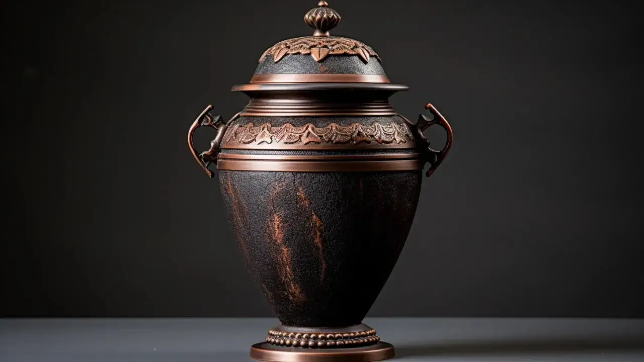 Elegancka urna pogrzebowa z miedzianymi zdobieniami na ciemnym tle.
