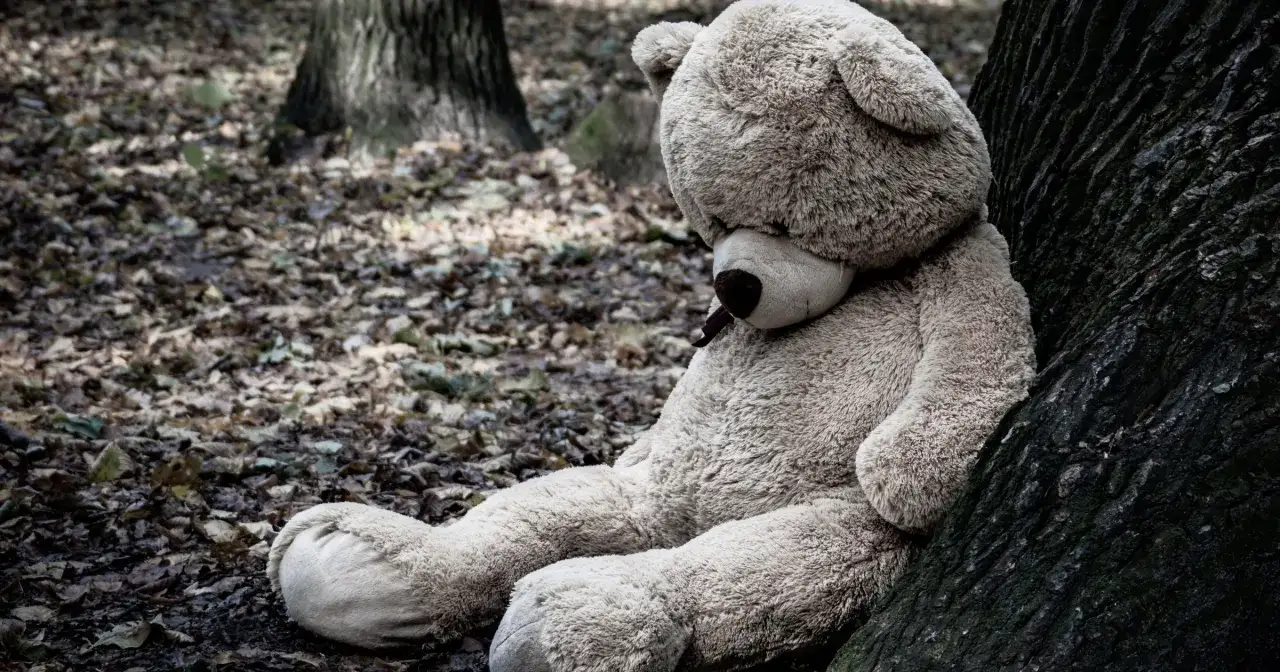 Duży, jasny miś siedzi oparty o drzewo w lesie. Wygląda, jakby właśnie skończył śpiewać smutną piosenkę.