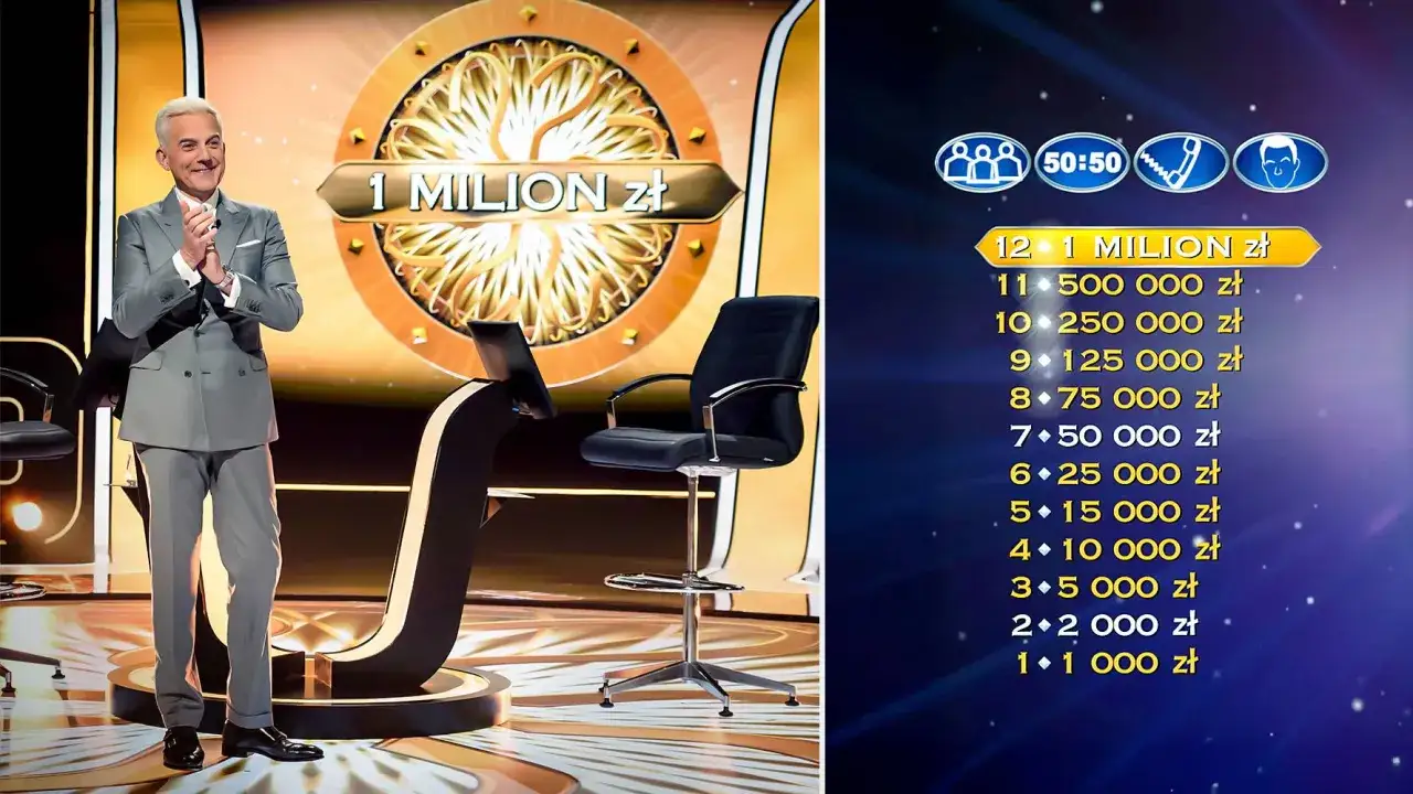 Prowadzący w studio "Milionerów" czeka na pytanie za milion. Na ekranie widoczna jest drabinka nagród.