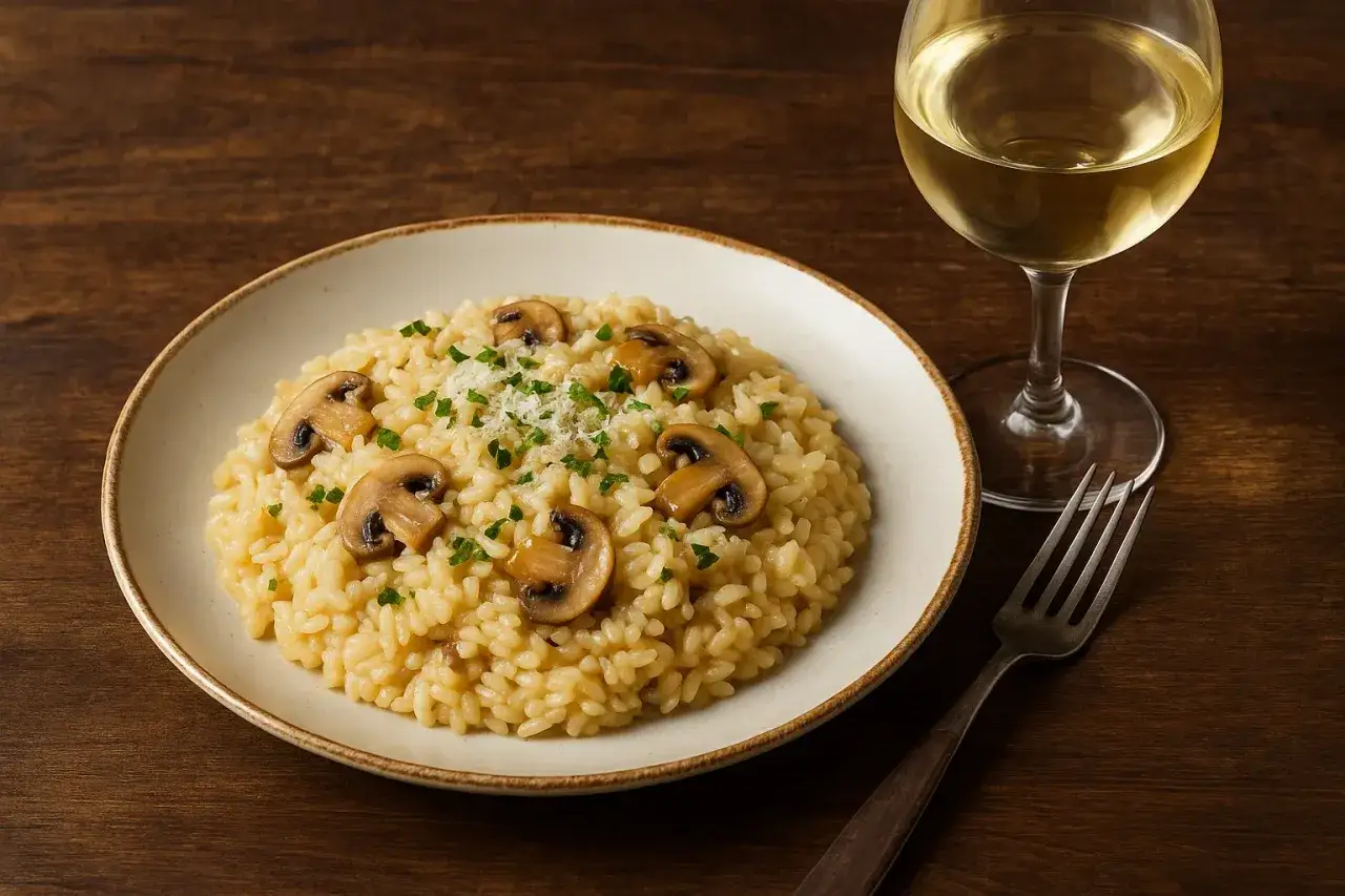 Risotto z grzybami i kieliszek białego wina. Idealne, gdy zastanawiasz się, co zamiast białego wina do risotto.