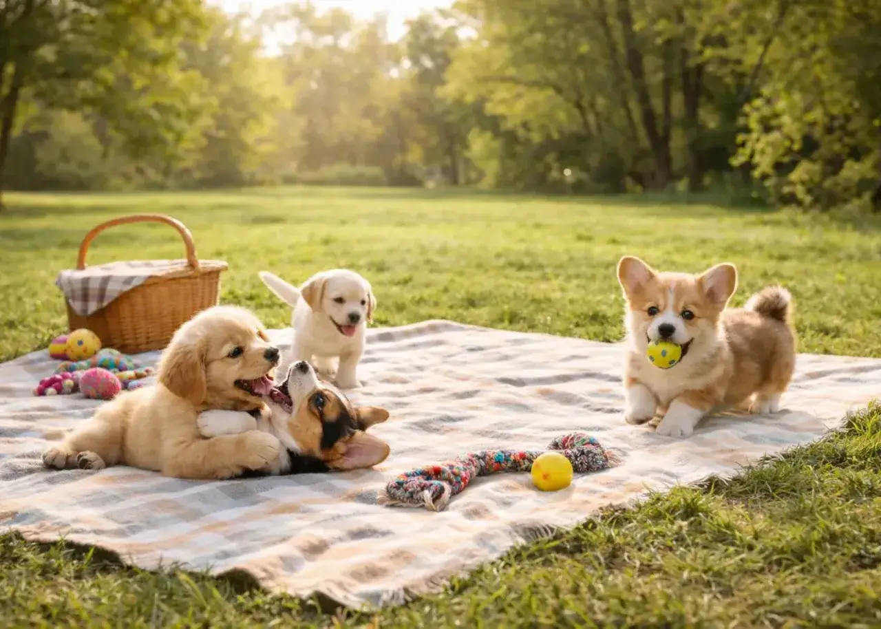 Szukasz imion dla psa chłopaka? Trzy urocze szczenięta, corgi, golden retriever i labrador, bawią się na pikniku.