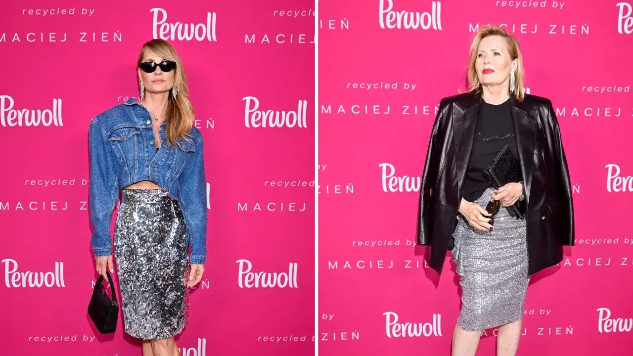 Dwie kobiety prezentują stylizacje ze srebrną spódnicą: jedna w jeansowej kurtce crop top, druga w skórzanej ramonesce. Inspiracja, co założyć do srebrnej spódnicy.