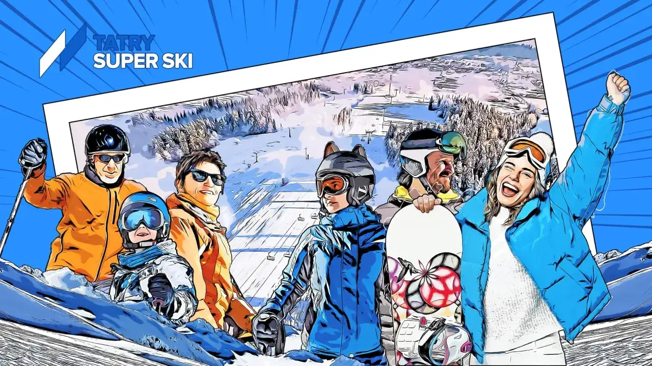 Grupa narciarzy i snowboardzistów na tle ośnieżonych stoków Tatr.