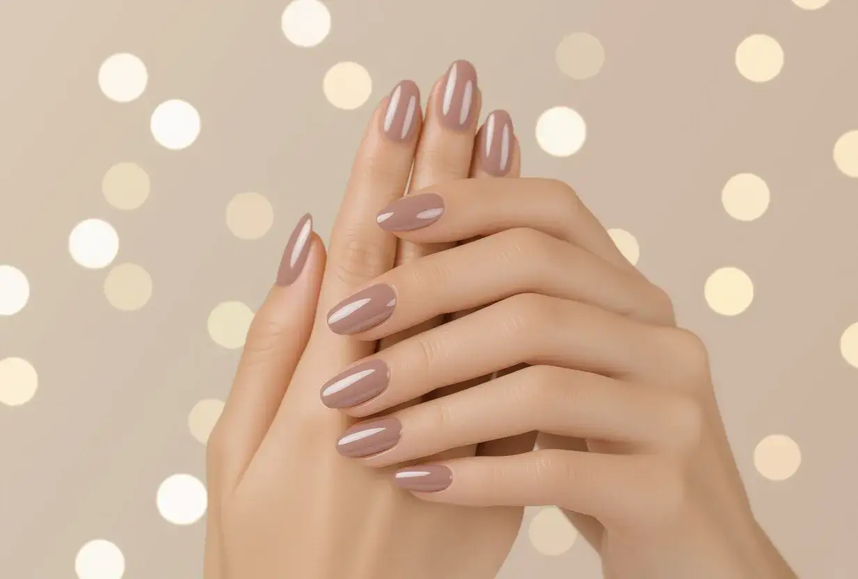 Dłonie z idealnym, beżowym manicure. Paznokcie do opuszka, zadbane i lśniące, na tle rozmytych światełek.