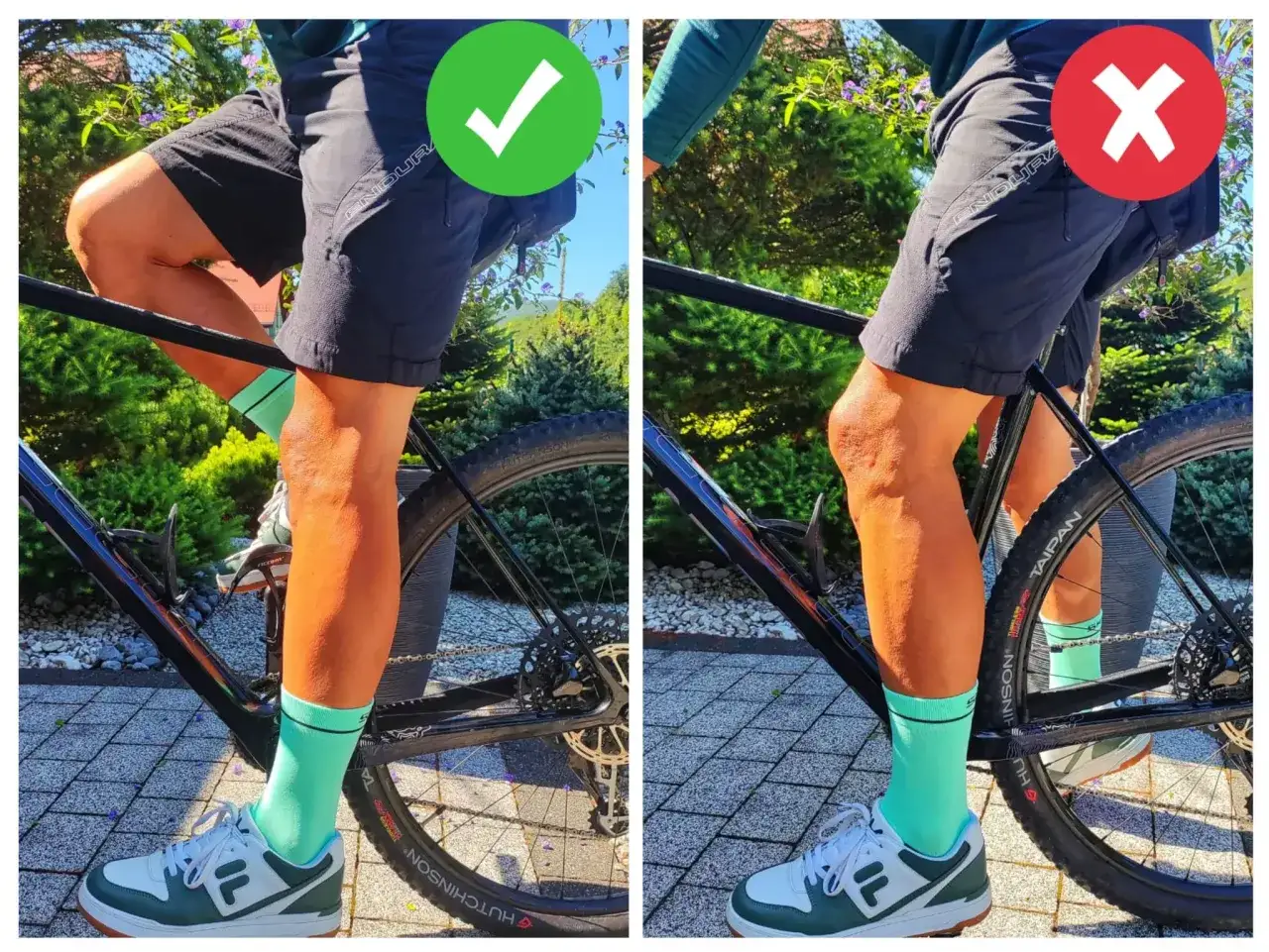 Prawidłowe ustawienie siodełka w rowerze MTB: lekko ugięte kolano w dolnym położeniu pedału. Złe ustawienie: zbyt mocno ugięte kolano.