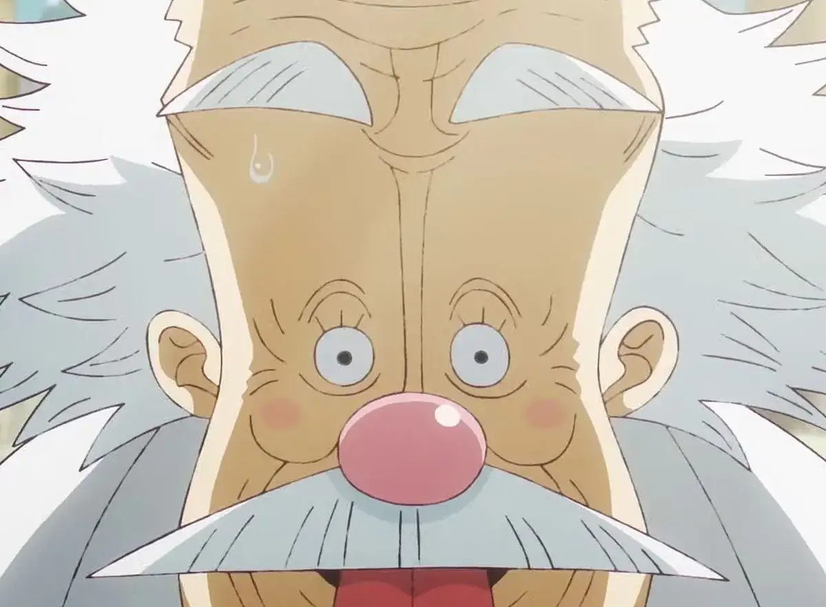 Nahaufnahme von Vegapunks Gesicht mit weißem Haar, Schnurrbart und rosa Nase.