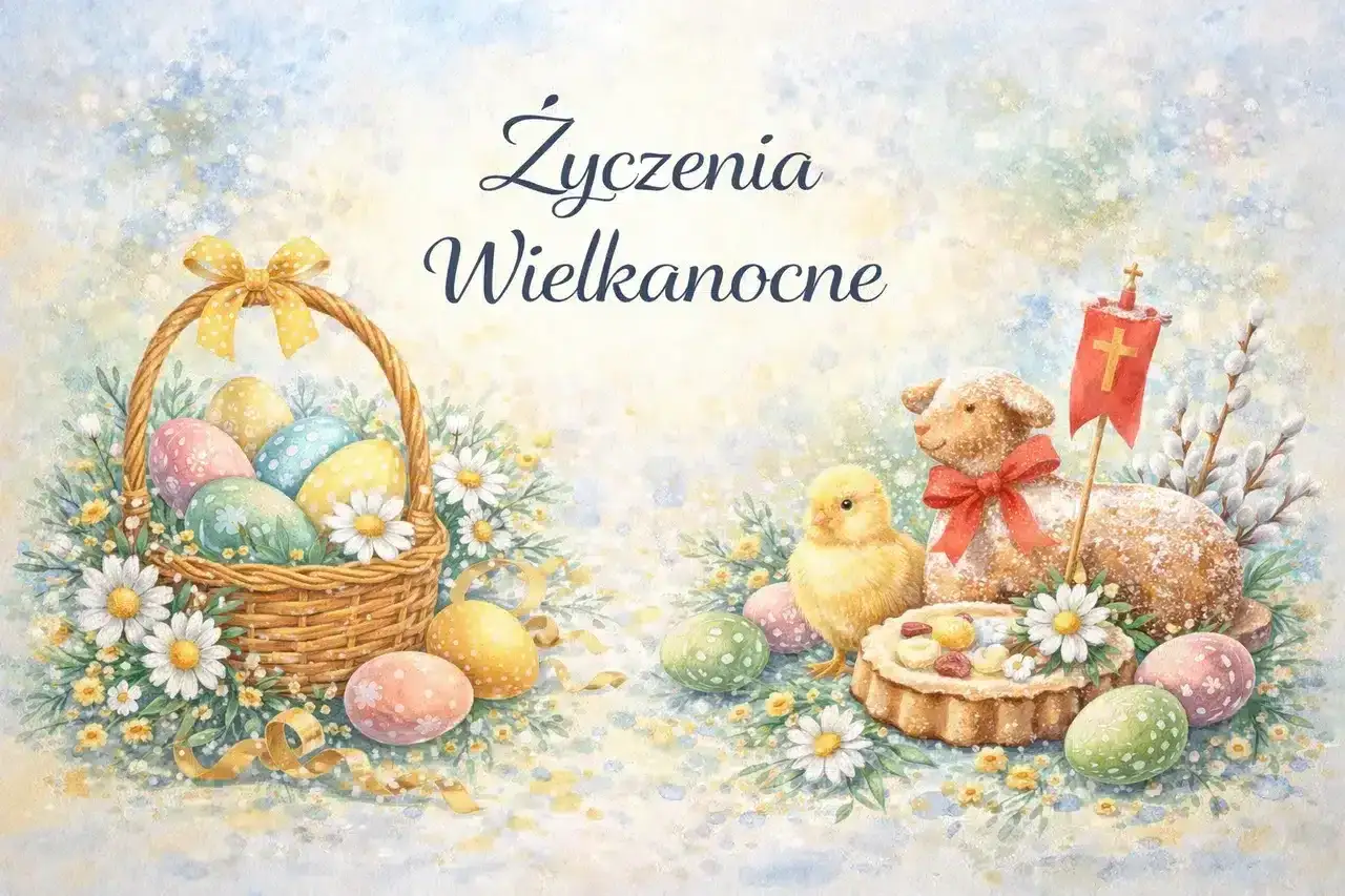 Uroczy szablon życzenia wielkanocne: koszyk z pisankami, baranek, kurczaczek i babeczka.