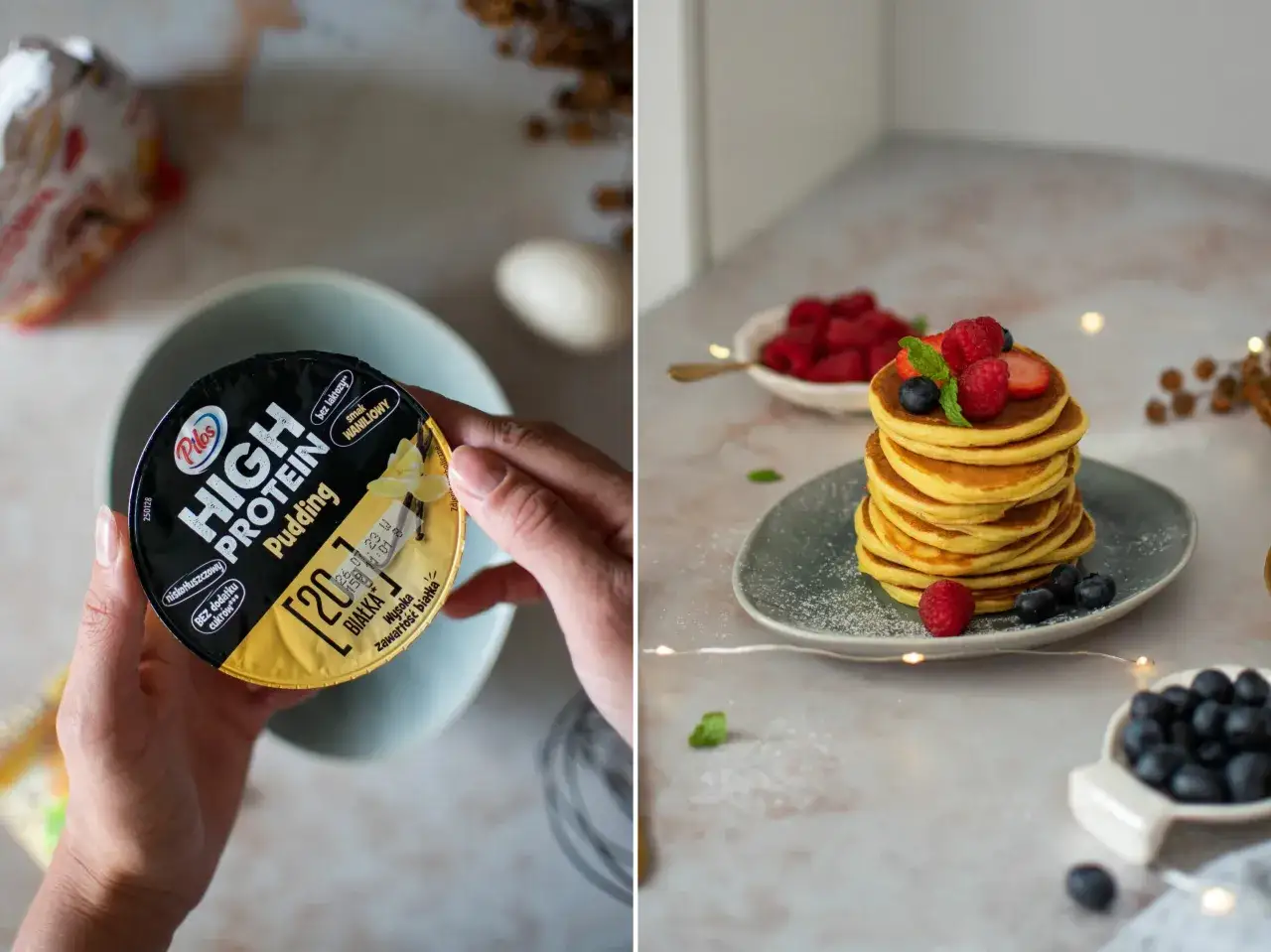 Jak zrobic proteinowe pancakes? Na zdjęciu widać składniki: pudding proteinowy i gotowe placuszki z owocami.