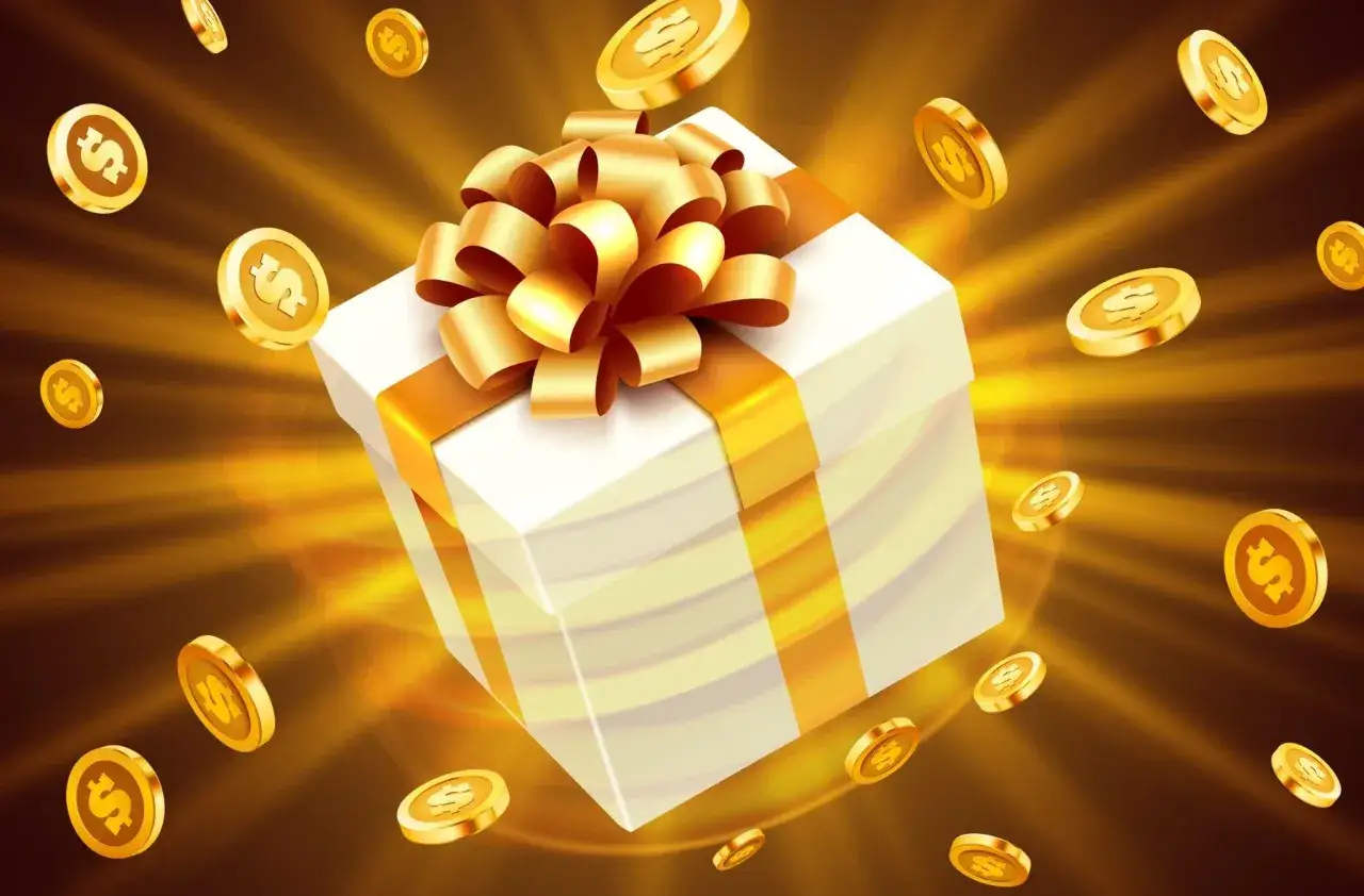 Złoty prezent otoczony spadającymi monetami. Odkryj, jakie gry można znaleźć w kasynie Familiada i wygraj!