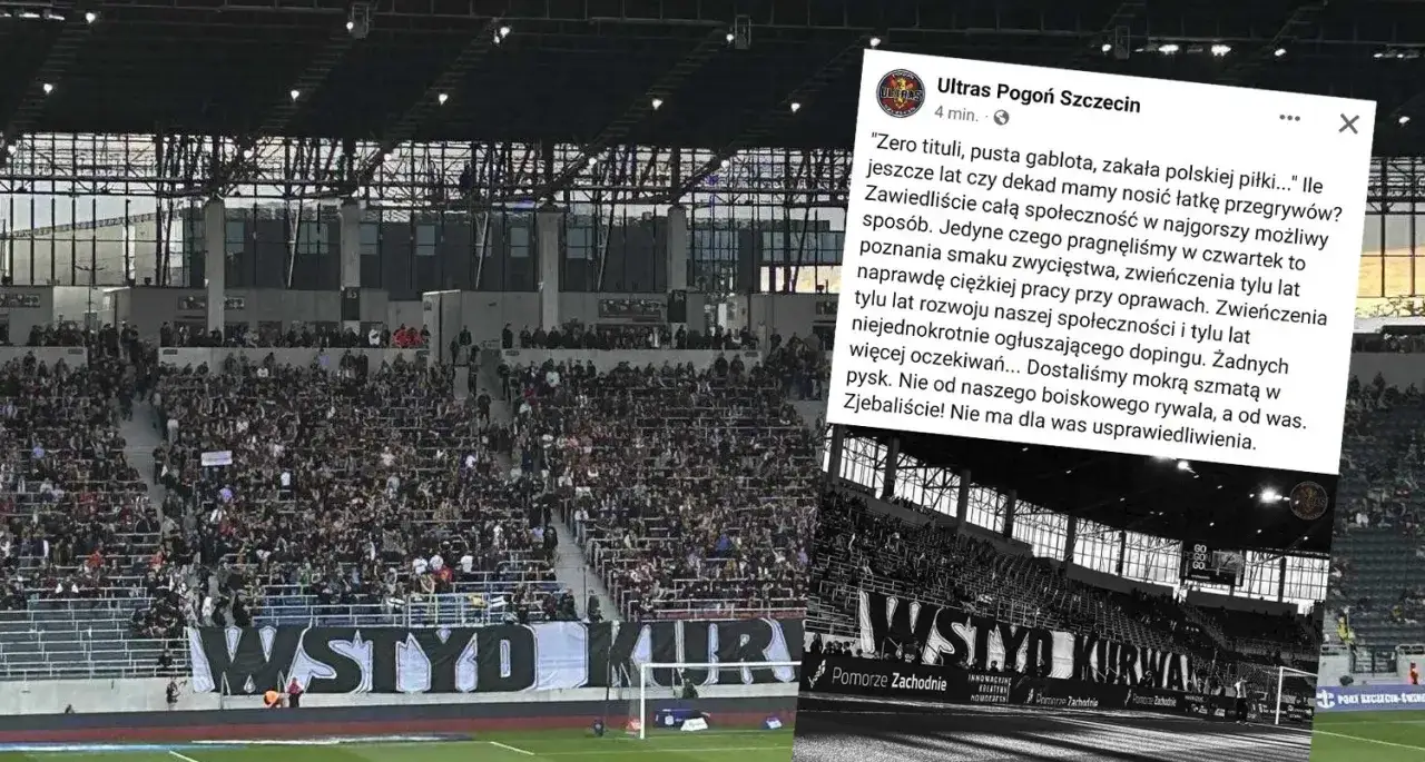 Trybuna kibiców Pogoni Szczecin z transparentem "WSTYD KURWA".
