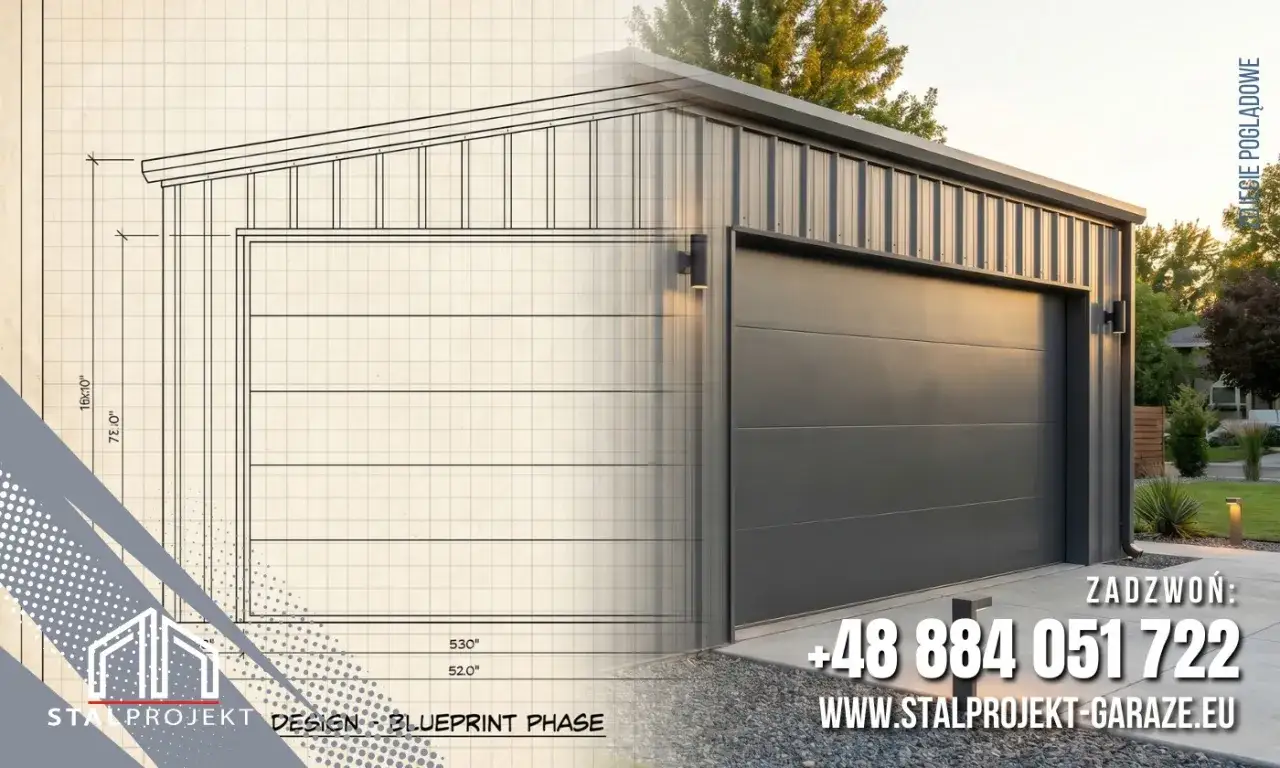 Projekt garażu blaszanego od koncepcji do realizacji. Widok z lewej strony przedstawia szkic techniczny, z prawej gotowy garaż.