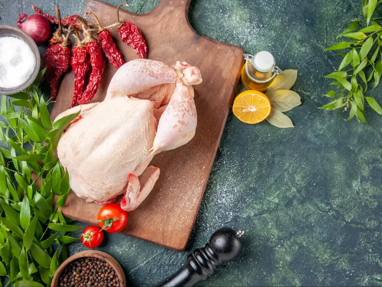 Surowy kurczak na desce z przyprawami: chili, cytryna, oliwa, pomidory, ziele angielskie, pieprz.
