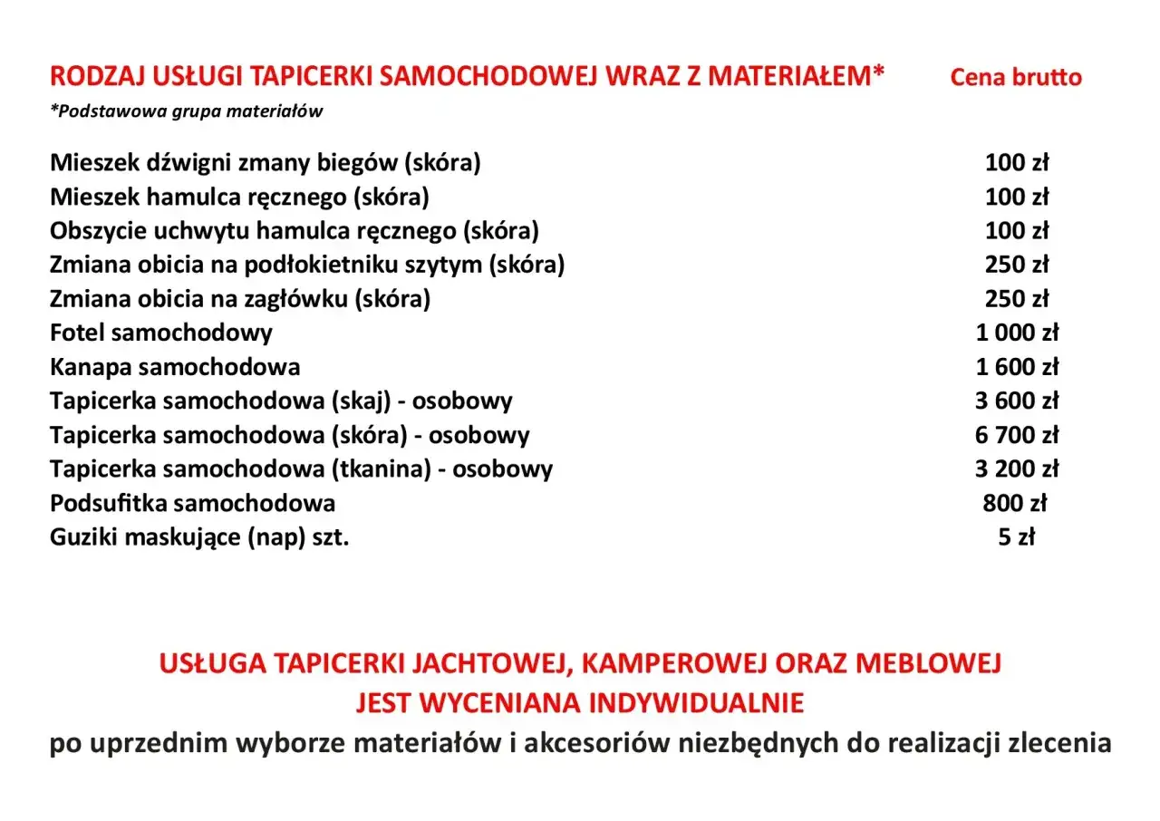 Tabela z cennikiem usług tapicerskich samochodowych, jachtowych, kamperowych i meblowych.